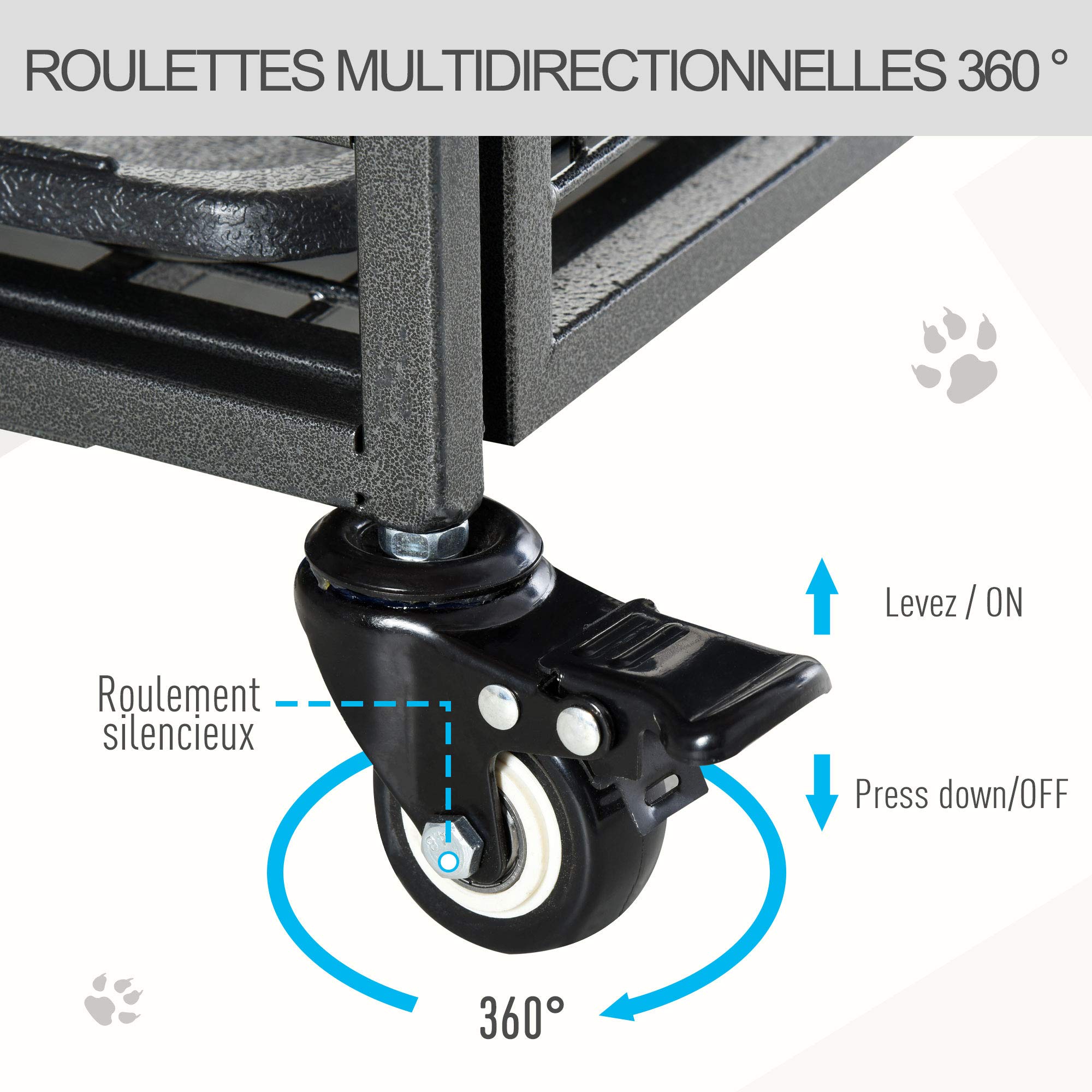 PawHut Cage pour Chien Pliable sur Roulettes 2 Portes Verrouillables Plateau Amovible 94x58x69,5 cm Métal Gris Noir