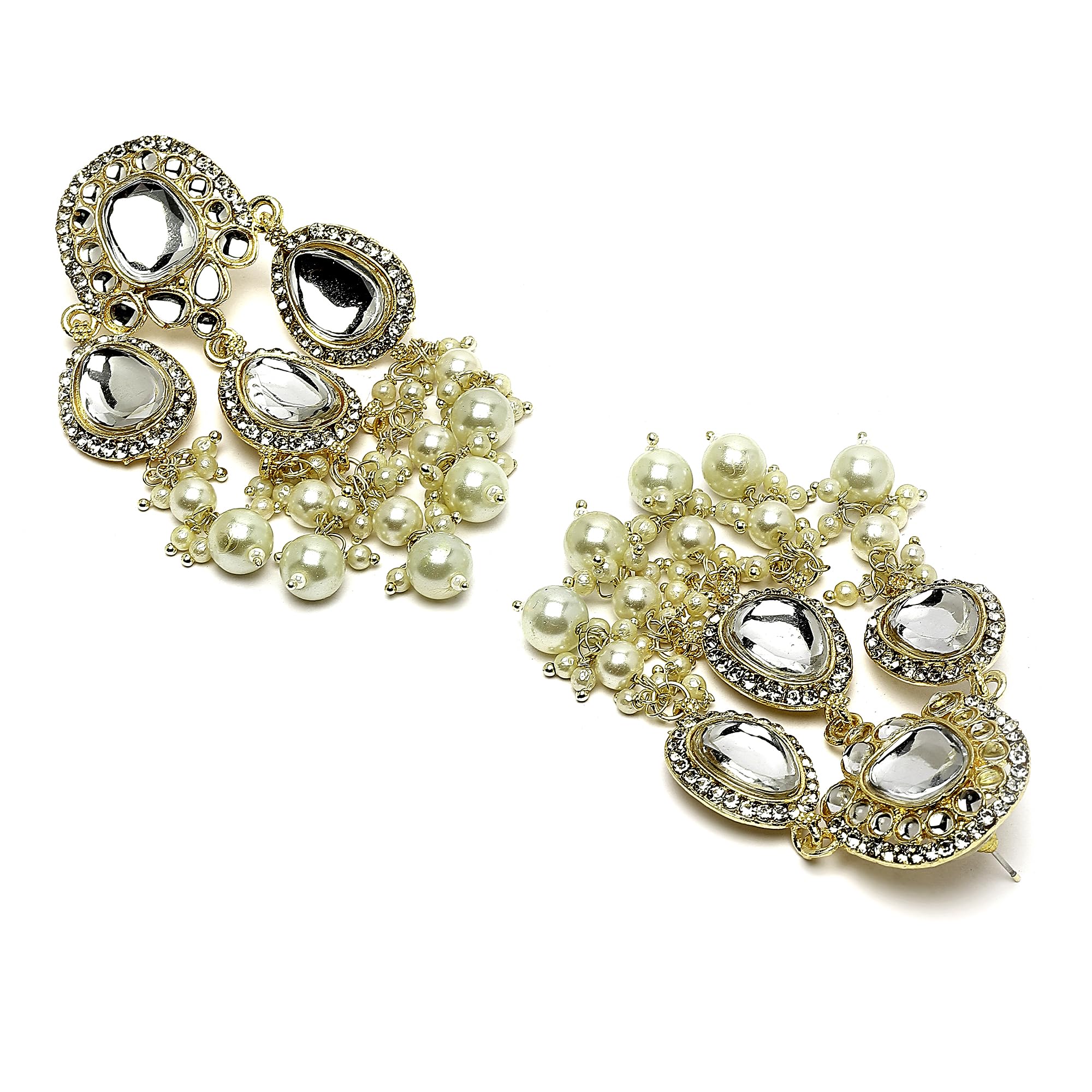 Gold-Plated Kundan & Pearls Teardrop Mirror Earrings