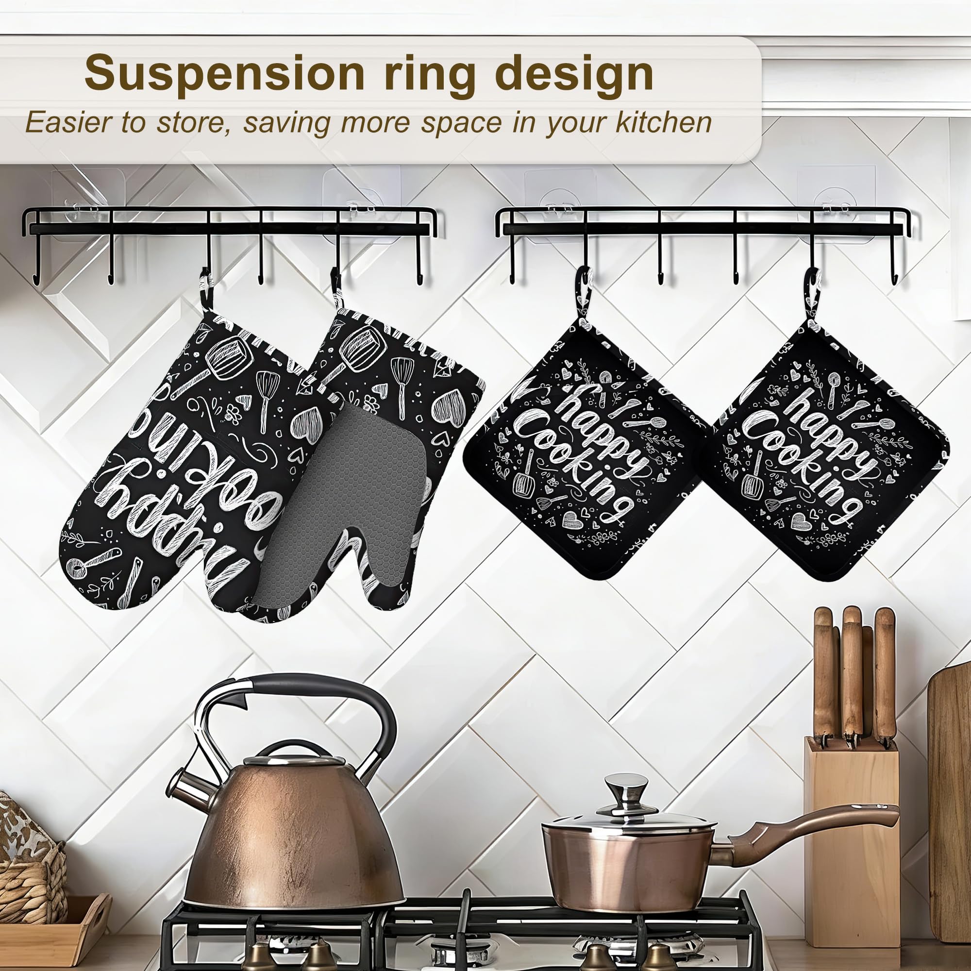 Happy Cooking - Juego de 4 manoplas de horno y soportes para ollas, guantes de cocina resistentes al calor con silicona antideslizante para hornear, cocinar, barbacoa