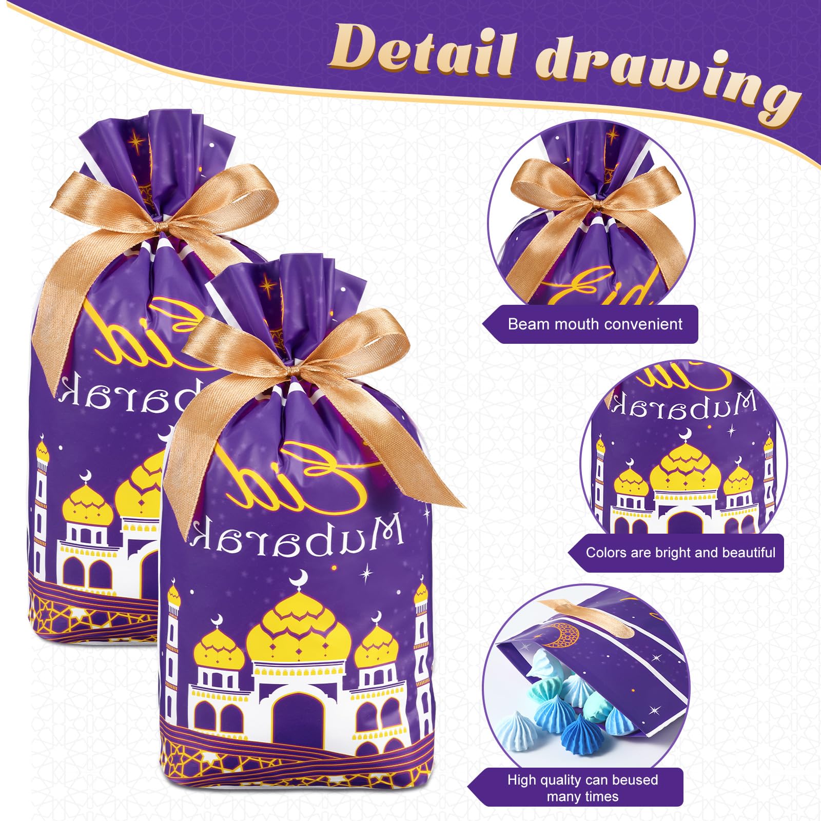 Blulu 50 Pcs Eid Mubarak Gifts Bags Plastic Ramadan Gift Bags Arabesque Moon Bulk Mosque Happy Eid Theme Goodie Pouches for Muslim Mubarak Party Candy Wrapping Supplies Decorations