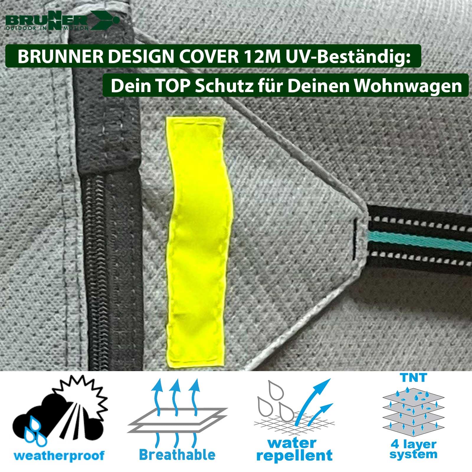 BRUNNER Wohnwagen-Abdeckplane Caravan Cover Design 12M 4,5m-5m x2,4m x2,2m | Schutzhülle 4-lagiges hochwertiges TNT-Gewebe, Atmungsaktive Abdeckung, UV-Beständig für Winter UND Sommer, Wasserabweisend