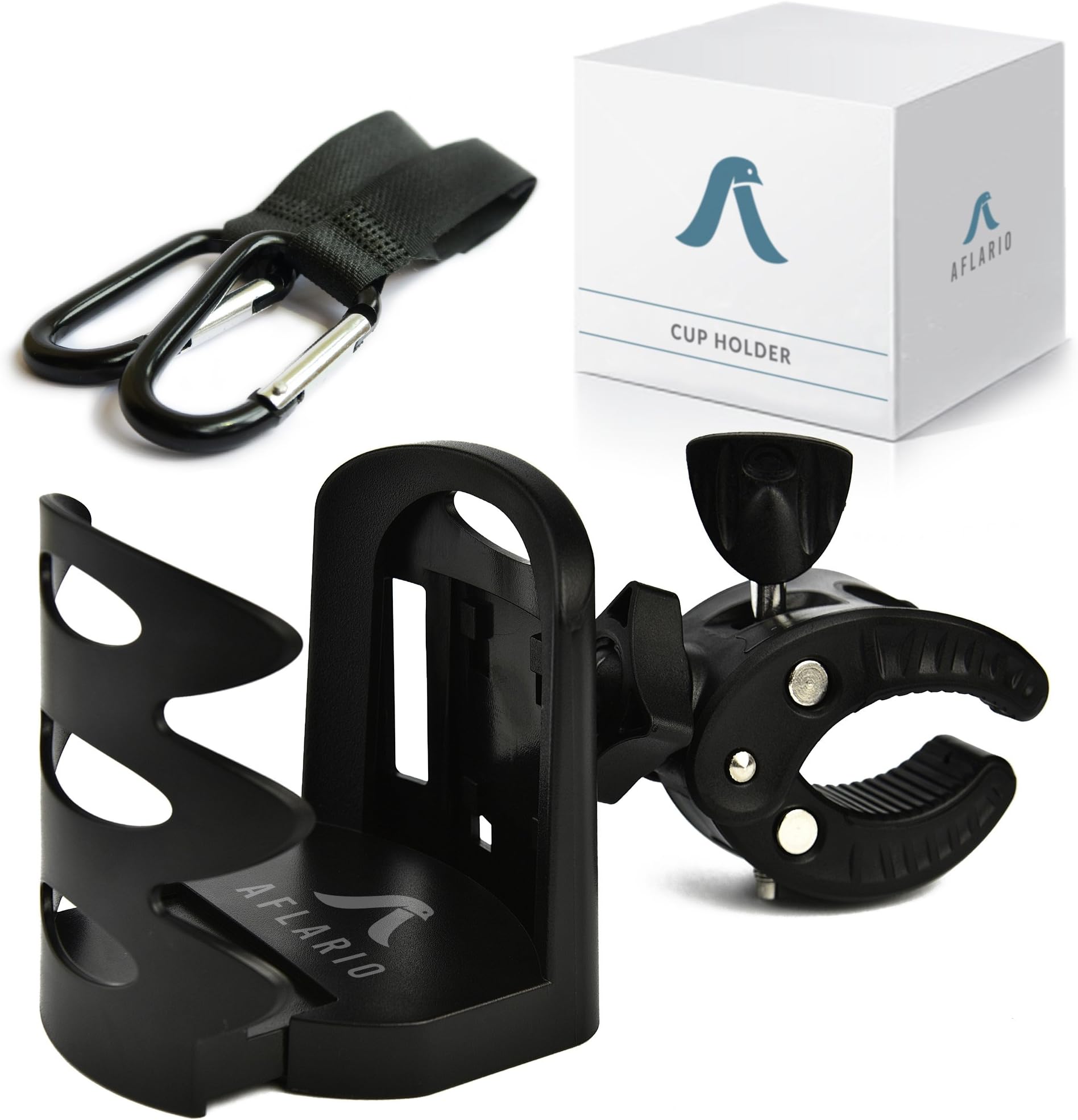 Universal Stroller Cup Holder + 2 Hooks | Attachable Drink Holder Fits All Strollers, Bike, Wheelchair, Pushchair | Adjustable Water Bottle Holder by Aflario
