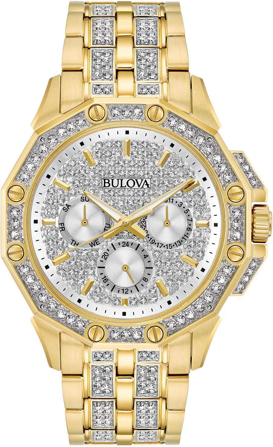 Men's Goldtone Crystal Swarovski Pav= Dial Watch