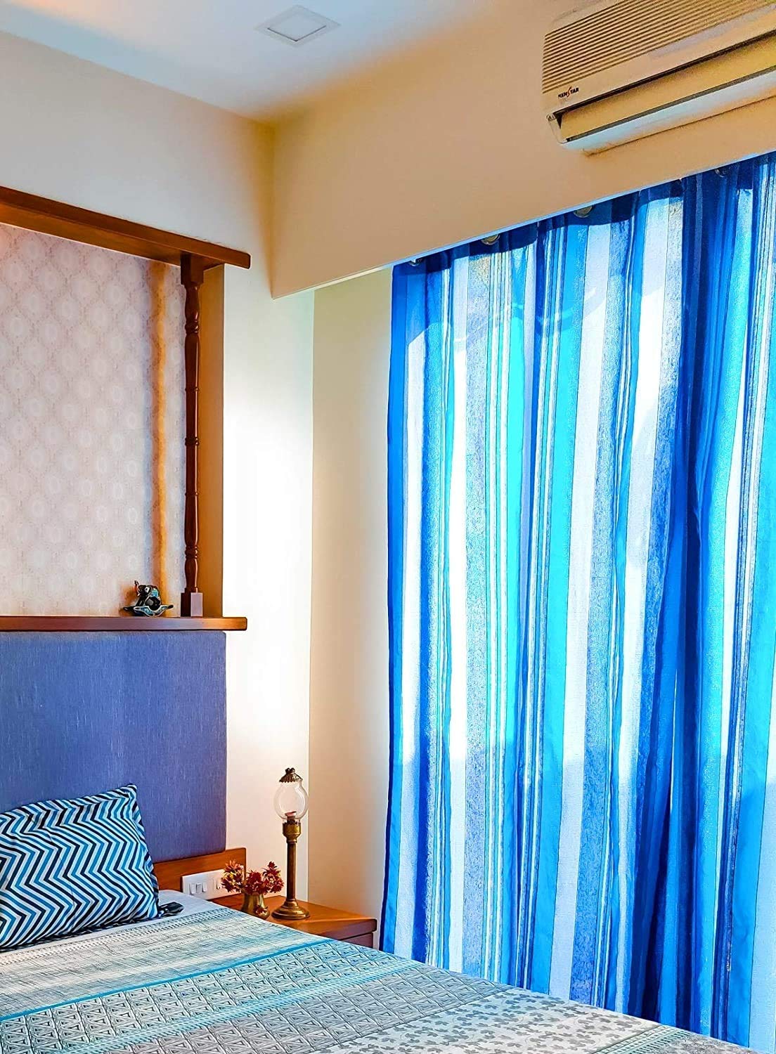 RANGBHAR Handloom Cotton Curtains for Door, Cotton Curtains 8 Feet Long Set of 2 with Eyelets, (Blue, Door-8 Feet X 4 Feet)