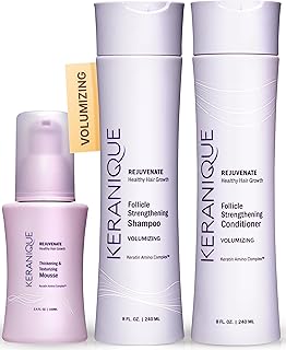 Keranique Volumizing Shampoo and Conditioner Set with Thickening Mousse - Keratin Enriched Volume Kit for Thinning, Fine, Damaged, Dry Hair - Color Safe, Sulfate Free, No Alcohol Formula for Women