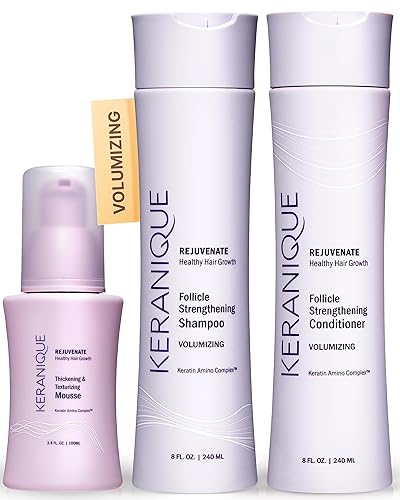 Keranique Kit de engrosamiento del cabello de 60 días Champú acondicionador y mousse texturizante Libre de sulfatos tintes y parabenos Mejora la