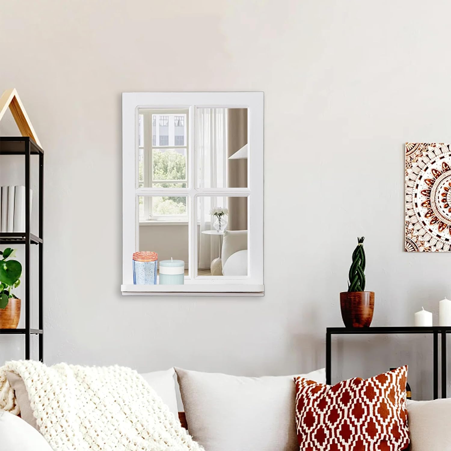 Rustic Window Mirrors for Wall Decor 16 X 23 Inch, Hanging Distressed White Wood Frame Decorative Farmhouse Windowpane Mirror with Shelf for Bedroom Living Room Entryway Kitchen