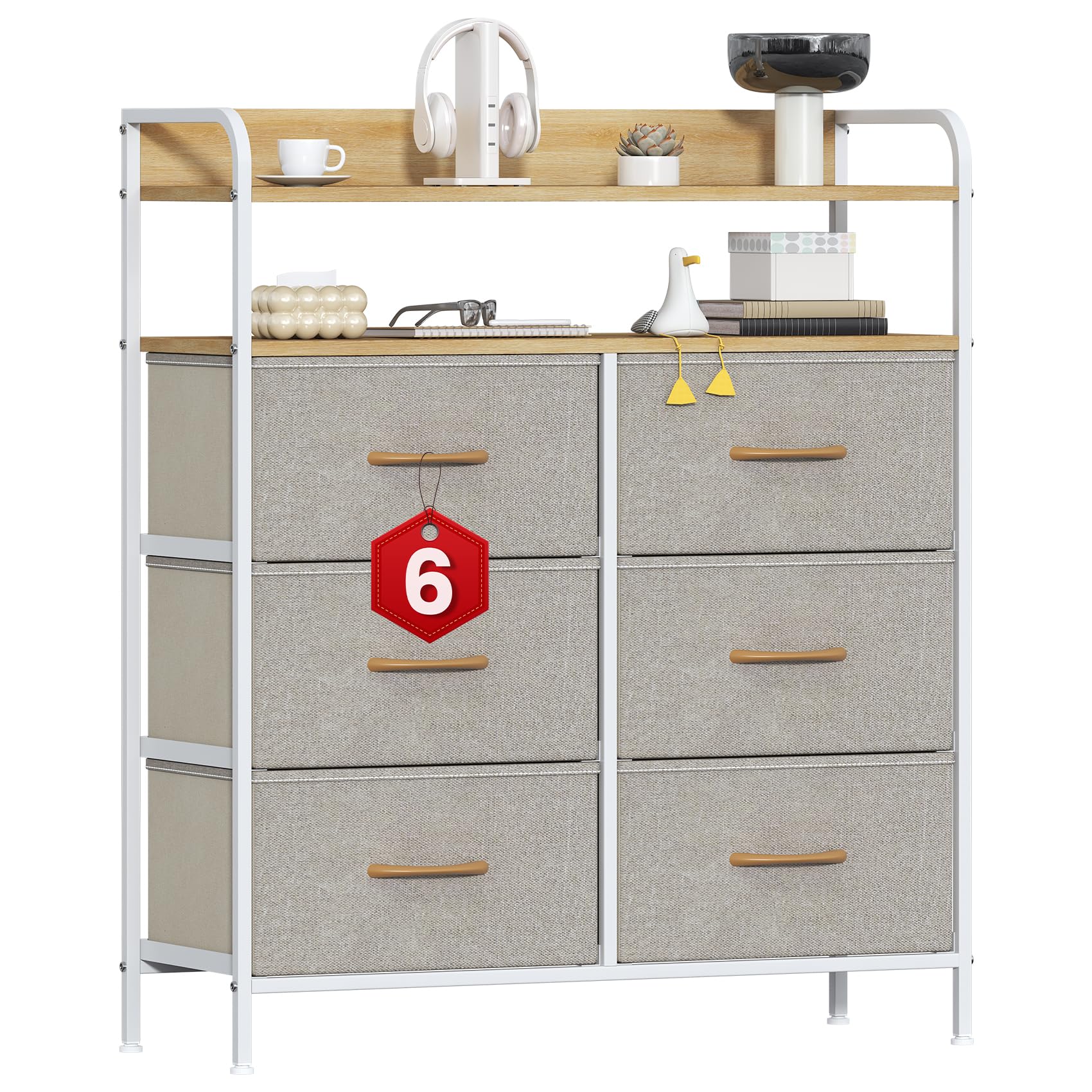 GoaHi Chest Of Drawers With 6 Drawers,Fabric Storage Tower for Bedroom,Fabric Dresser With Double Wooden Top,Dresser For Bedroom,Storage Organizer,Beige