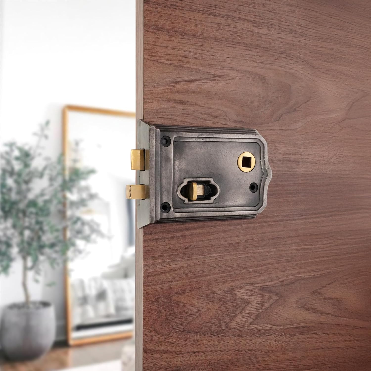 Heavy Duty Old Victorian Style Iron Rim Latch Lock Snib in Pewter Finish – Traditional Lock Security for Interior Bathroom Bedroom Door Gates