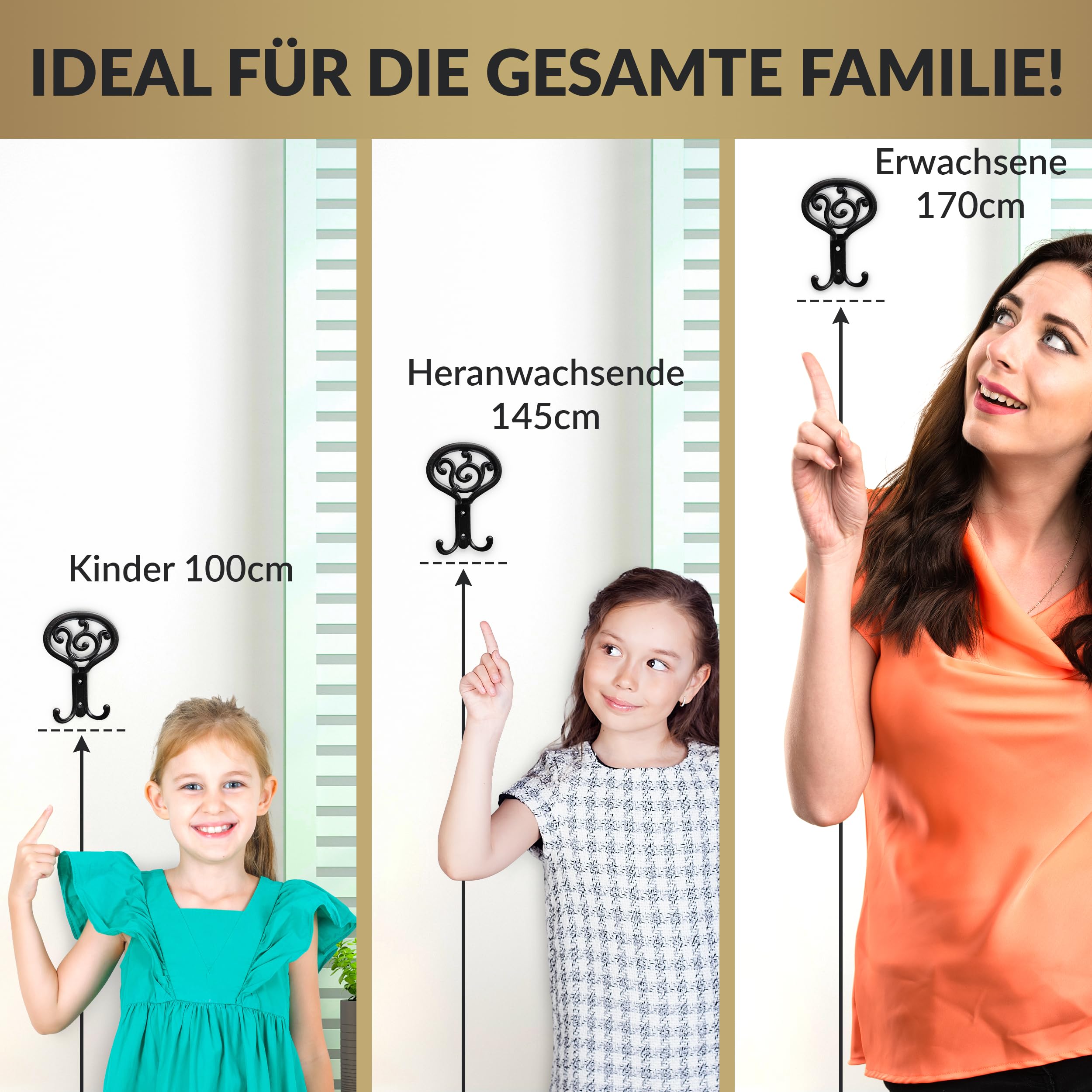 UTiLE 3 Stück Garderobenhaken Vintage Kleiderhaken Schwarz Wandhaken [Klimaneutral] Stabile Kleiderhaken Wand inkl. 12x Schrauben und 6x Dübel Retro Shabby Chick Landhaus Stil