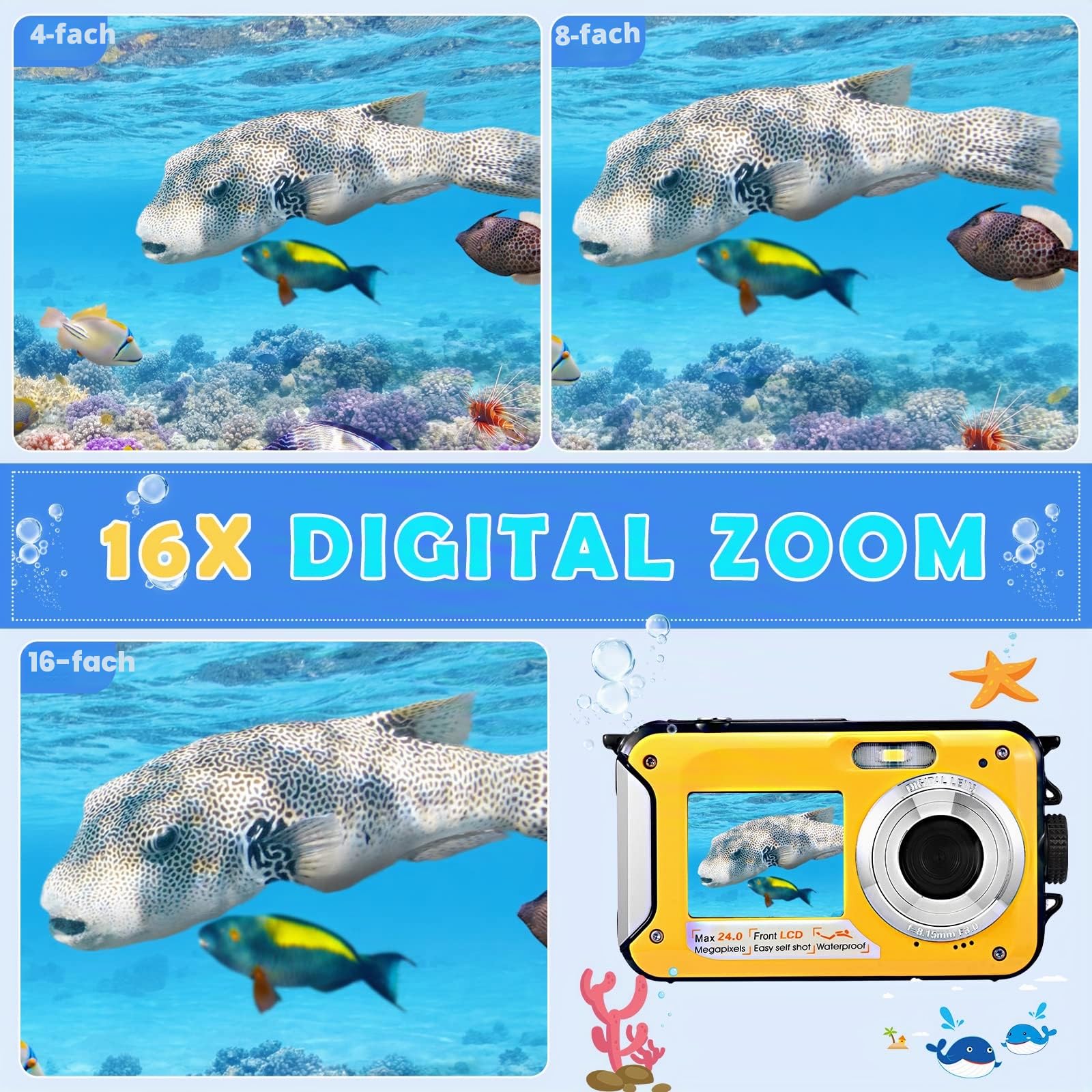 Digitalkamera, Wasserdicht, Full HD 2.7 K, 24 MP, Unterwasserkamera, 16 X Zoom, Wasserdicht, mit Doppelbildschirm, Autofocus für Jugendliche, Schüler, Anfänger, Gelb