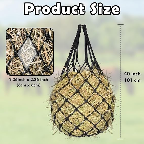 2PCS Hay Net for Horses - Ultra Slow Feed Hay Net with 2 Pairs Gloves, 2.36x2.36 Holes 40 Heavy-Duty Horse Slow Feed Hay Nets for Stall, Trailer, Pasture - Strong & Durable Hanging Feeders