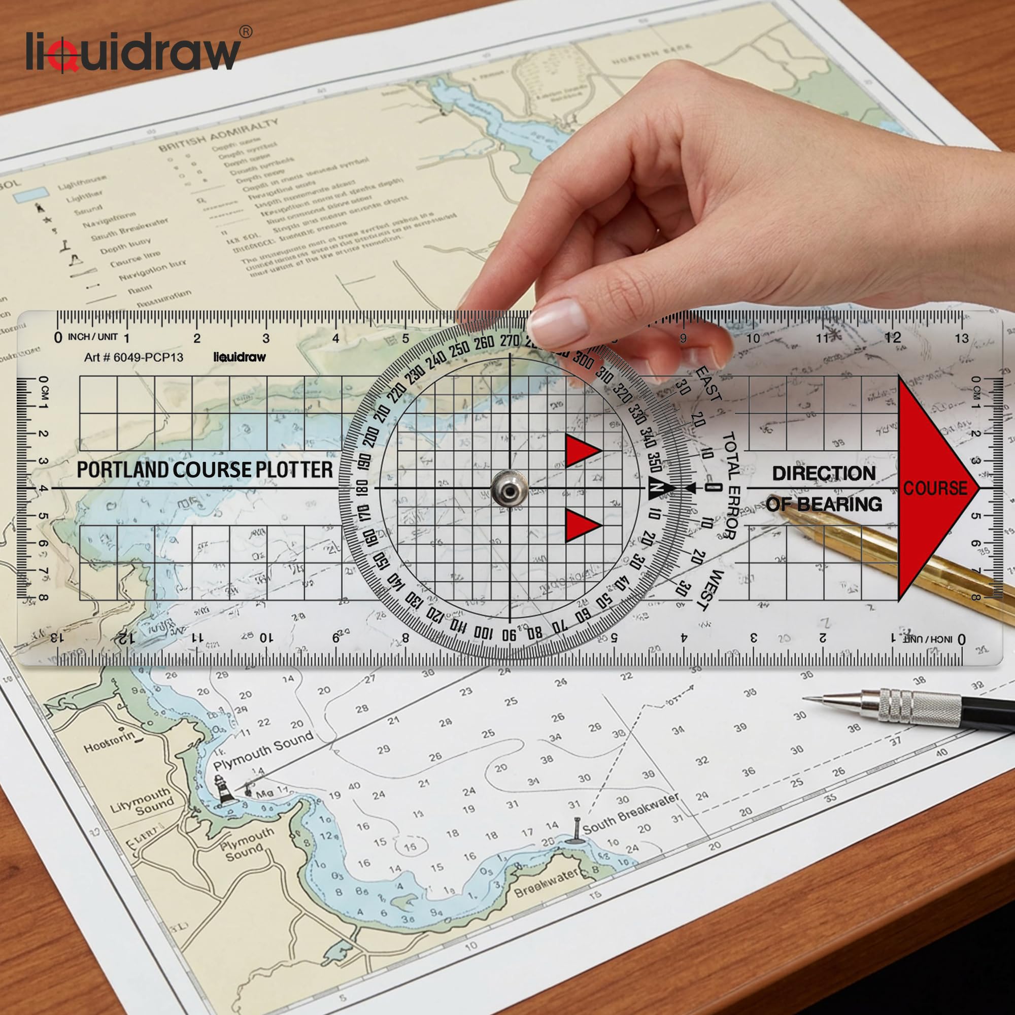 Liquidraw Ploter kursowy Portland z kątomierzem morskim | Kątomierz nawigacyjny | Przydatne narzędzie do nawigacji morskiej | Wykonany z mocnego przezroczystego akrylu | Pogrubione, wyraźne oznaczenia