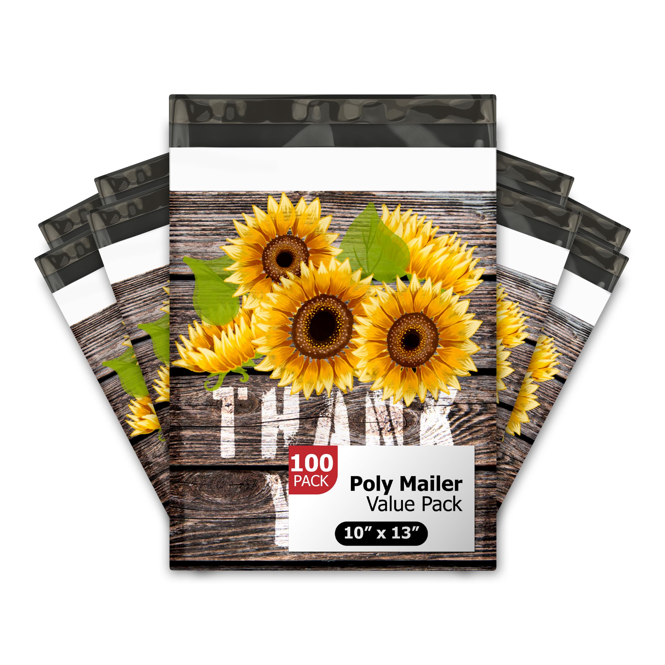 10x13 (100) Sunflower Thank You Fall Designer Poly Mailers Waterproof Self Sealing Tear Resistant Polymailers Shipping Envelopes Premium Printed Bags