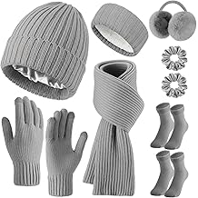 7 Pcs Winter Clothing Cuffed Beanie Hat Long Scarf Touchscreen Gloves Earmuff Socks Scrunchie Hairband for Women Men