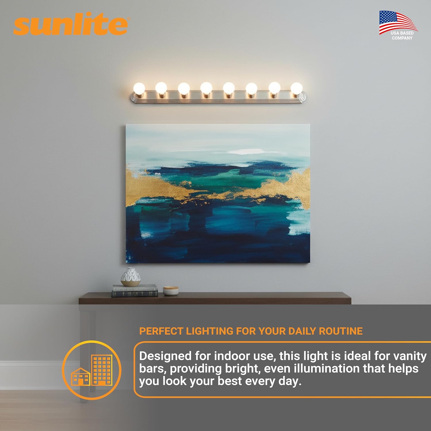 Sunlite 45300 Art Deco Style Brushed Nickel Vanity Light Fixture, 48-Inch, 8 Medium Base Sockets (Bulbs Not Included), Dimmable, UL Listed, Bathroom, Powder Room, Vanity