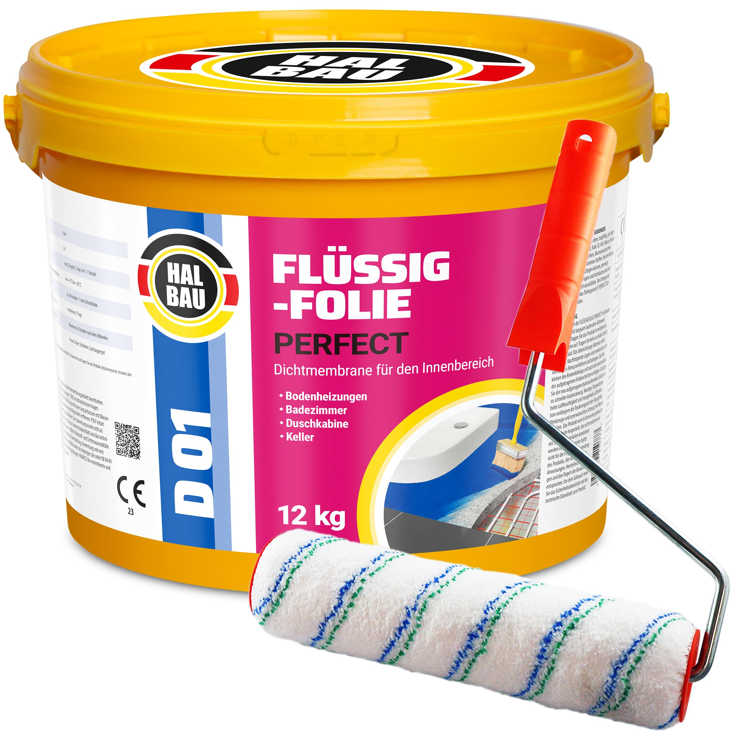 Flüssigfolie Profi 20kg, Abdichtung für Bad, Dusche, Innenbereich, Wassersperre unter Fliesen + Farbroller 25cm mit Bügel Set Halbau D01