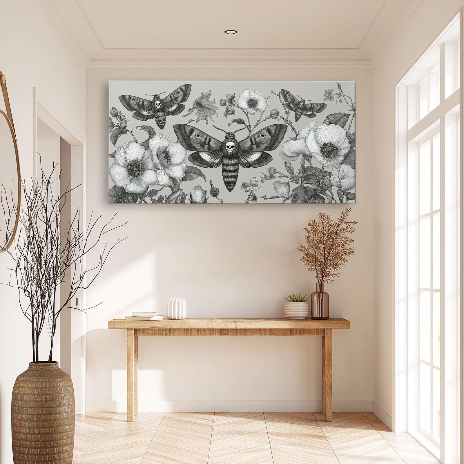 Generisch Grau Rustikal Ländlich Tier Motte Floral Modernes Leinwandbild 90L x 60B cm mit Rahmen, Vintage XXL Wanddeko für Wohnzimmer Geschenk Idee Einzug - Hochwertiger Kunstdruck auf Holzrahmen