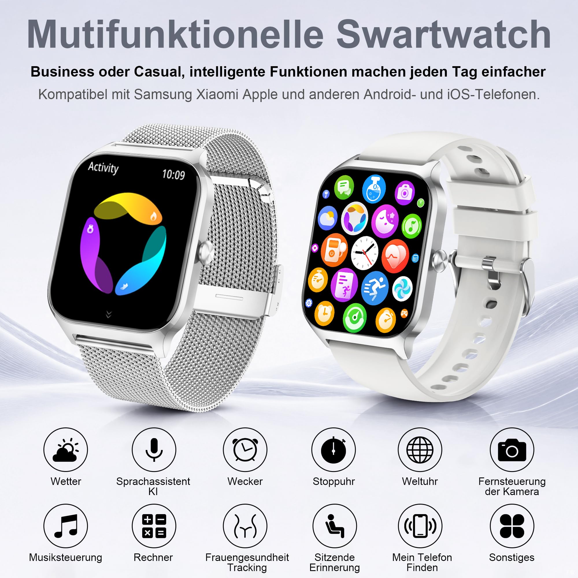 LODIMEKE Smartwatch Blutdruckmessung, Fitnessuhr Herren Damen Bluetooth-Telefonie, Herzfrequenz, SpO2, Stress, Schlaf, 100+ Sportmodi Fitness Tracker, Schrittzähler, Geschenk für iPhone Android