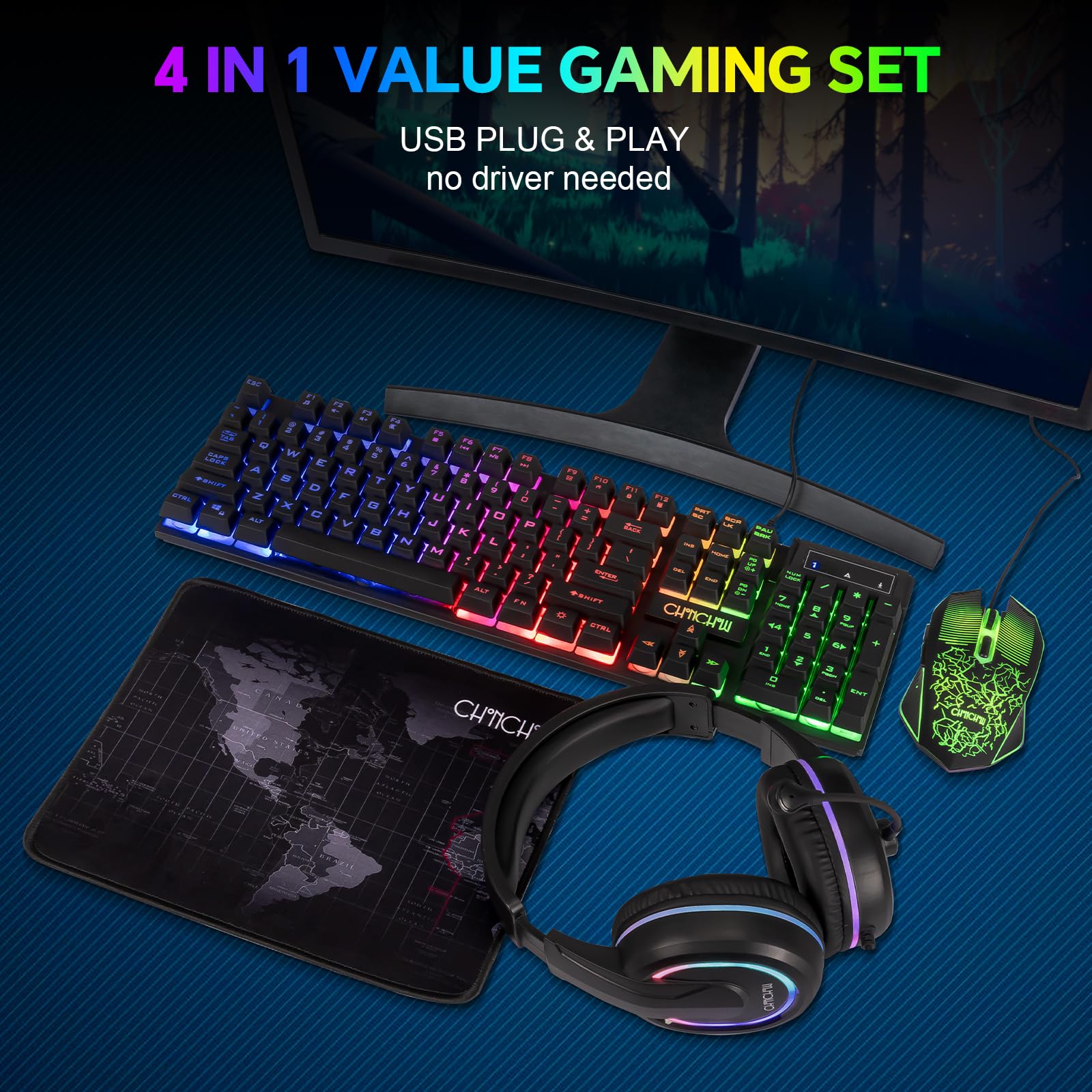 Paquete de teclado LED y alfombrilla de mouse para juegos, arco iris con cable | Auriculares con teclado y mouse con luz LED, juego 4 en 1 para Xbox PS4, PS5, PC, portátil, gamer