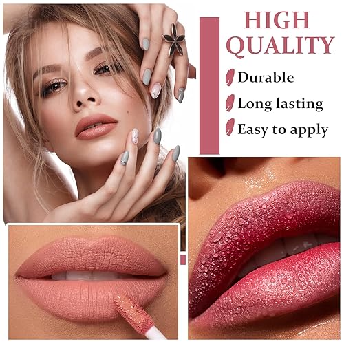 Miniatura 3 de NVLEPTAP Juego de 5 lápices labiales líquidos mate nude de terciopelo nude brillo labial tinte de labios de larga duración, impermeable,