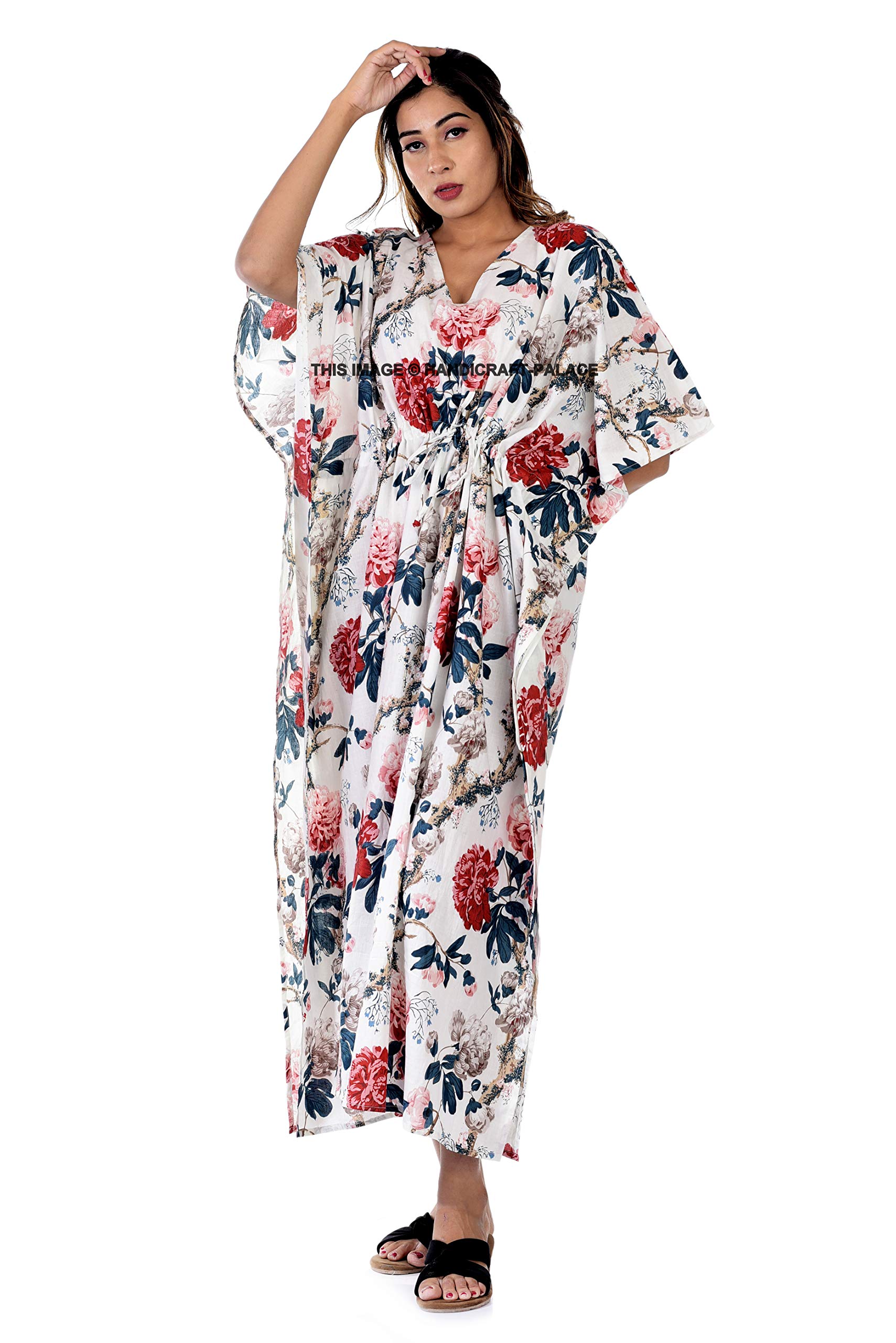 Women's Plus Size Dress Floral Design Kaftan Soft Cotton Sleepwear Maxi Gown White