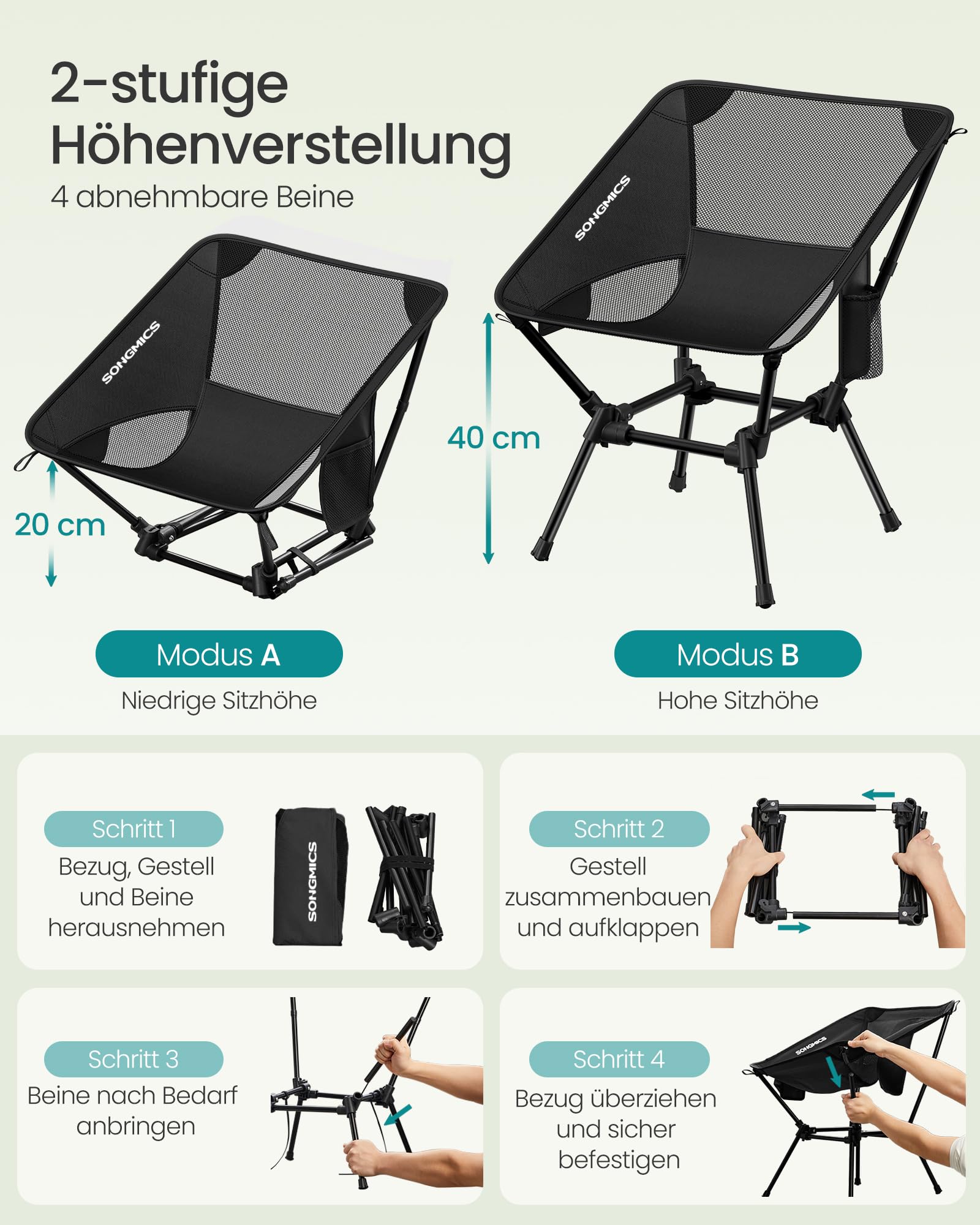 SONGMICS Campingstuhl, Strandstuhl klappbar, Gartenstuhl höhenverstellbar, Stahlgestell, bis 150 kg belastbar, 2 Seitentaschen