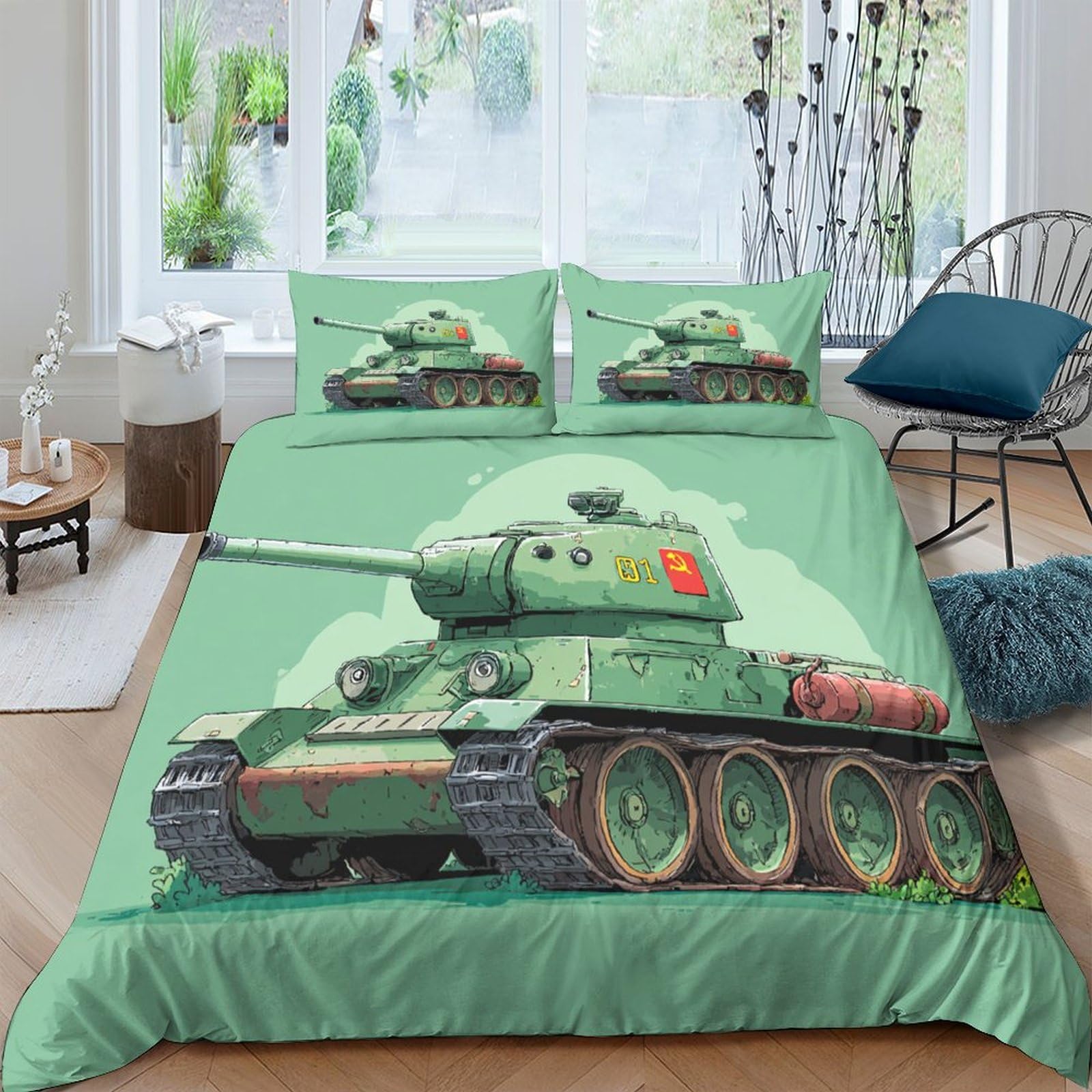 Ctjqhvkz Style-7 3D Printed Green Tank Fitted Sheet Microfiber Soft Durable Military Vehicle Bed Cover For Bedroom Dorm Home Single（135X200cm）