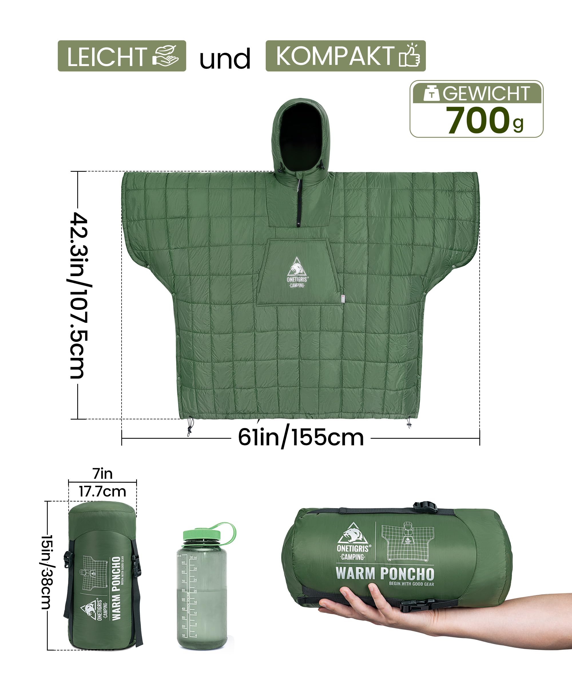 OneTigris - Poncho de camping con aislamiento Thinsulate 3M, manta impermeable cálida con bolsillos grandes, manta portátil con capucha para exteriores, senderismo, viajes, color verde