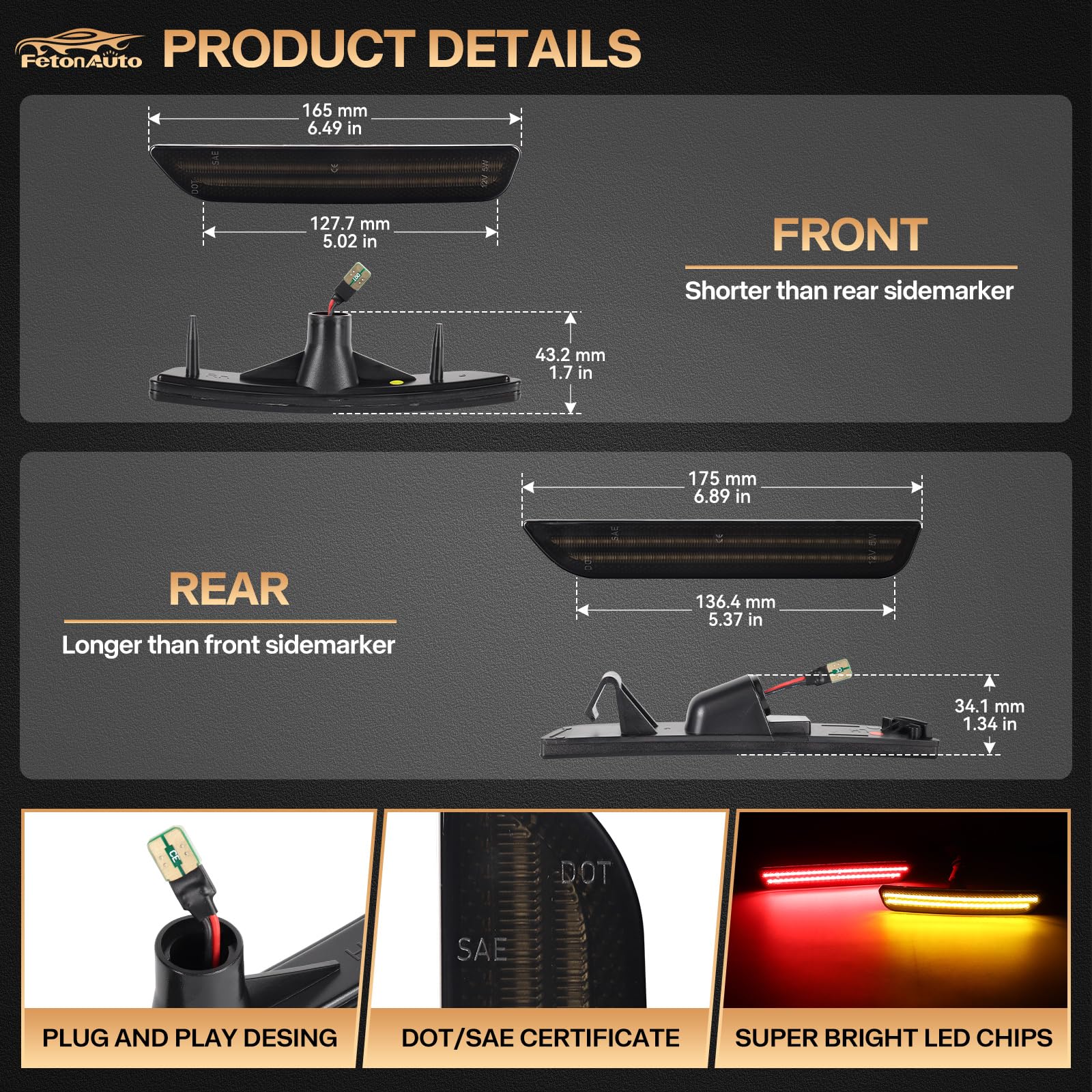Dynamic Sequential Amber Red LED Side Marker Lights for Ford Mustang 2010 2011 2012 2013 2014 Front Rear Bumper Reflector Indicator Assembly, Smoked Lens