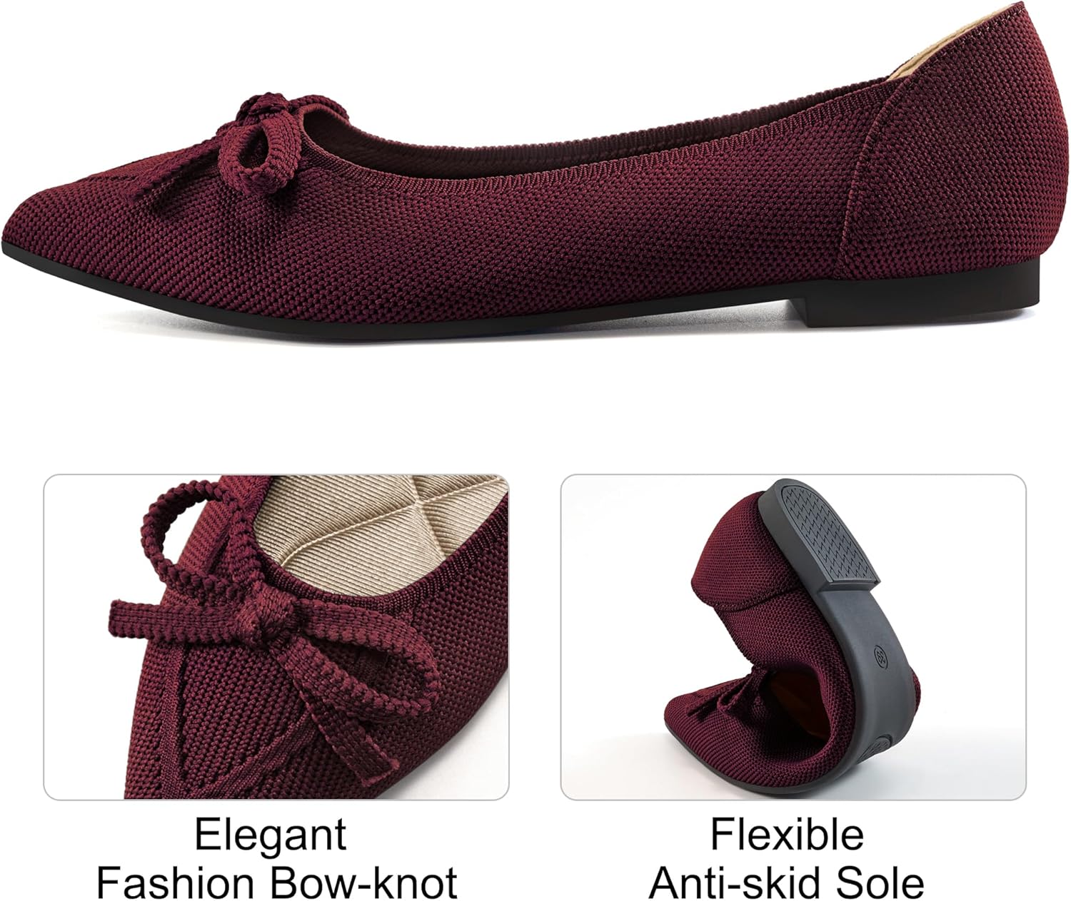 Ablanczoom Ballet Flats Shoes for Women: Dressy Pointed Toe Bow Knit Flats Comfortable Slip On Work Business Casual Shoes - Image 3