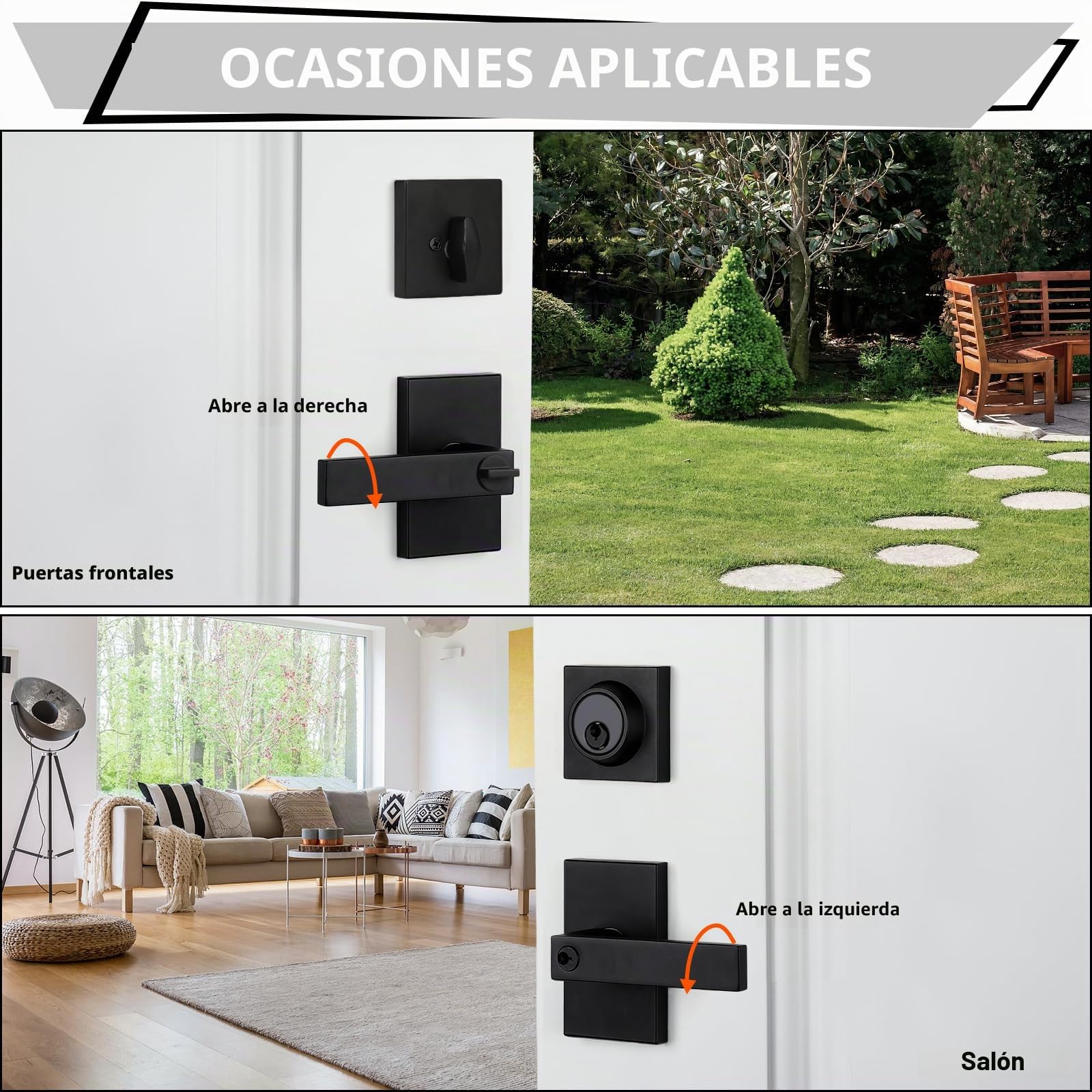 Haidms Juego de cerradura de puerta exterior negra con cerrojo de seguridad, manija de puerta delantera negra mate, cerraduras de entrada con llave igual, cerradura de puerta delantera de aleación de