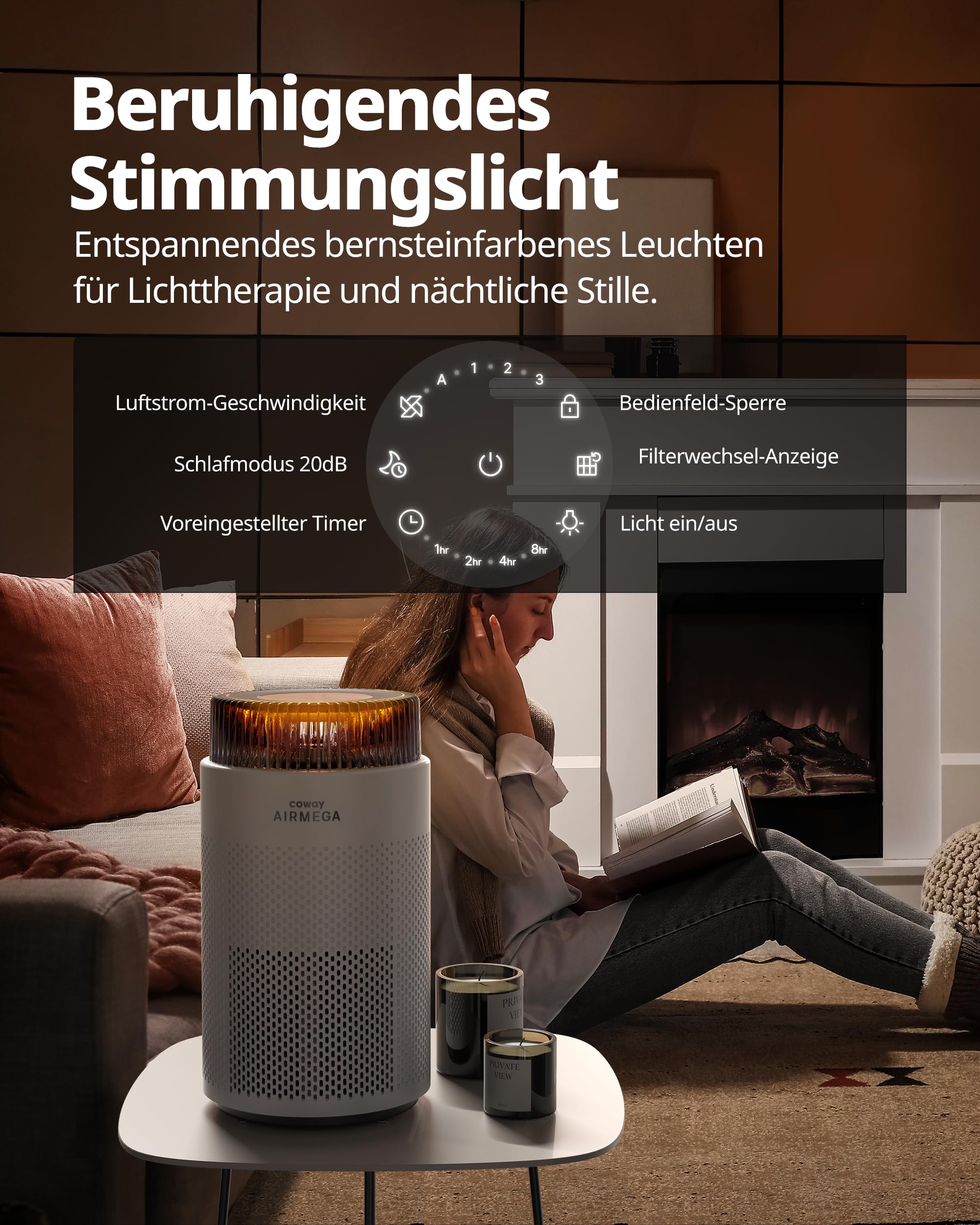 COWAY Luftreiniger Allergiker – Superleise, mit Schlafmodus & Stimmungslicht, entfernt 99,999 % Partikel bis 0,01 µm, mit ECARF-Siegel, gegen Pollen, Staub & Tierhaare, CADR 244 m³/h, AIRMEGA 100
