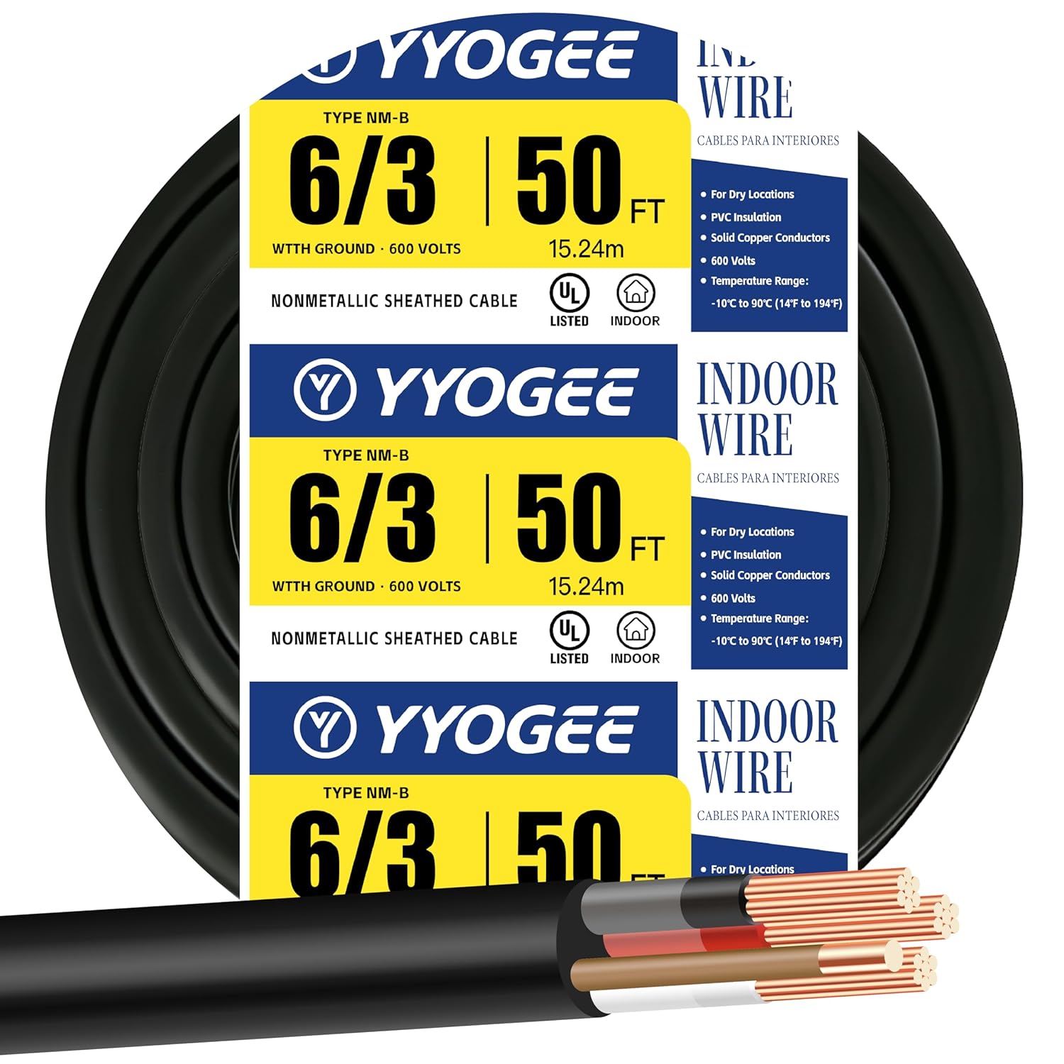 6/3 NM-B Wire with Ground, 50 FT 6 Gauge Wire Solid Copper Non-Metallic Sheathed Cable, 6 AWG 3 Conductor Electric Wire for Electric Range, EV Charger, Subpanel (Black)