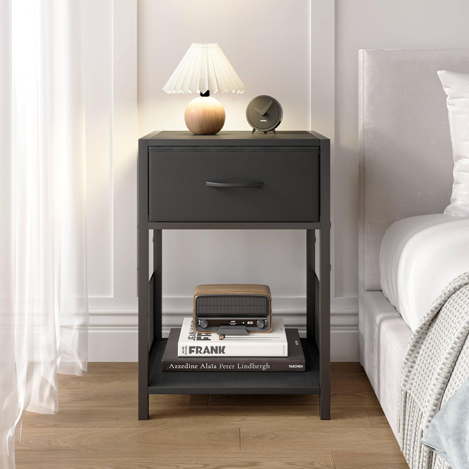 Black Nightstand Set of 2,End Table with Fabric Drawer,Side Table Set of 2,Storage Shelf,Bedside Table with Open Shelf,Sofa Table for Living Room,Bedroom,Small Space Black CTG70BK-2