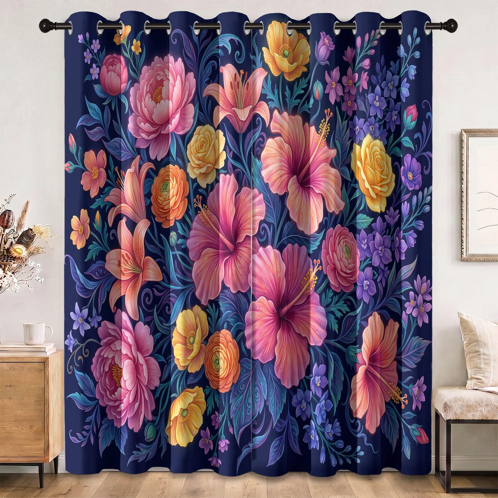 Aquarell Blumen Blickdicht Vorhänge mit ösen, Pflanzen Blumen Blätter Muster Thermo Verdunklungsvorhänge, Dunkelblau Gardinen für Wohnzimmer Schlafzimmer Fenster Deko 2er Set, 200x70 cm (HxB)