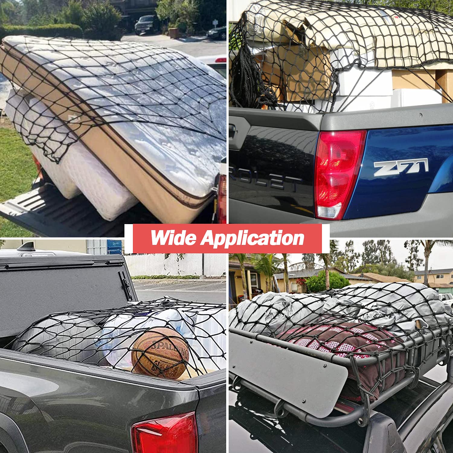 Red de Carga de látex Natural súper Resistente para Caja de camioneta de 4 x 6 pies, se estira hasta 8 x 12 pies, 12 mosquetones + 12 Ganchos, Red elástica de Malla pequeña de 4 x 4 Pulgadas