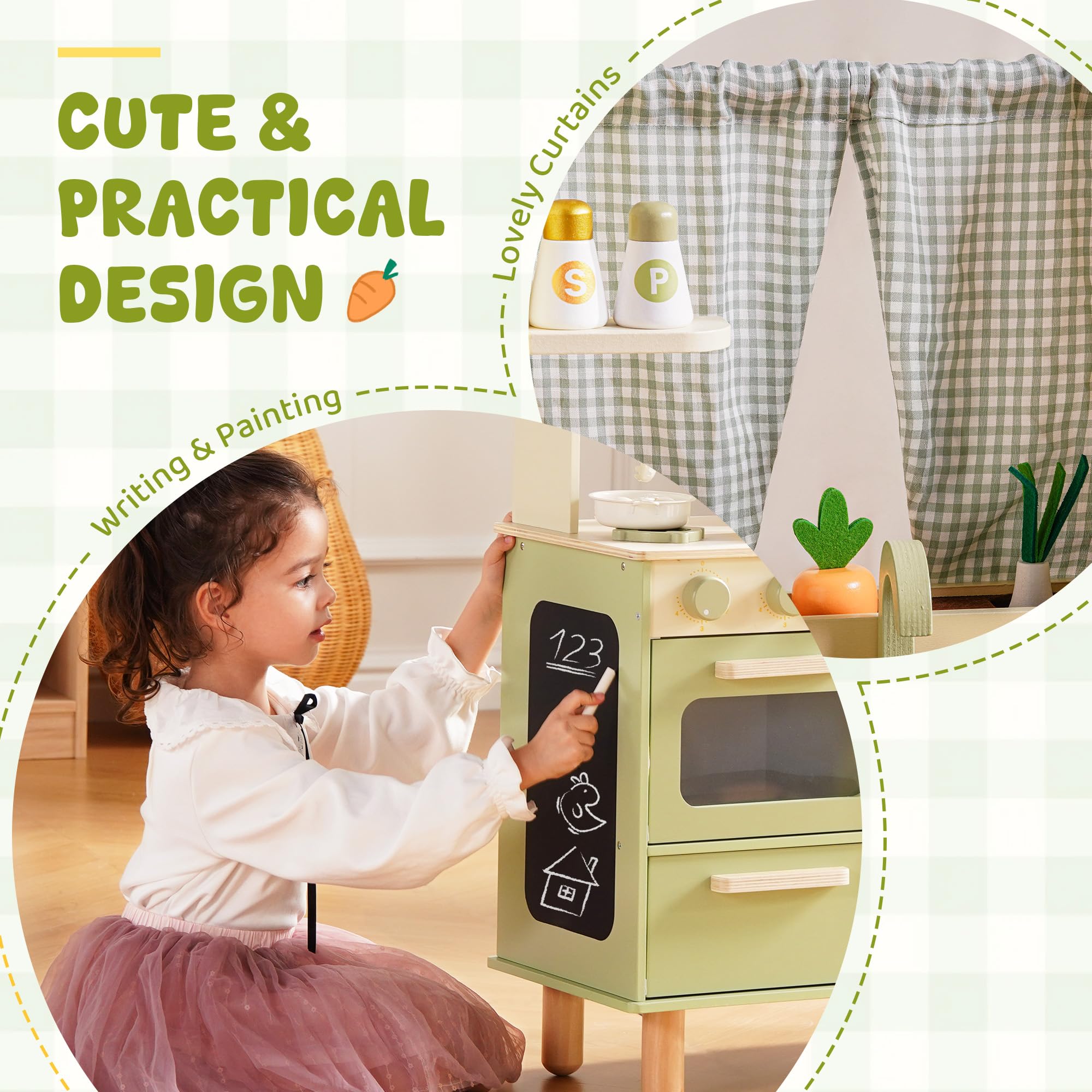 ROBUD Kinderküche aus Holz – Spielküche mit Kühlschrank, Eiswürfelspender, Backofen & Zubehör, Rollenspielküche für Kinder