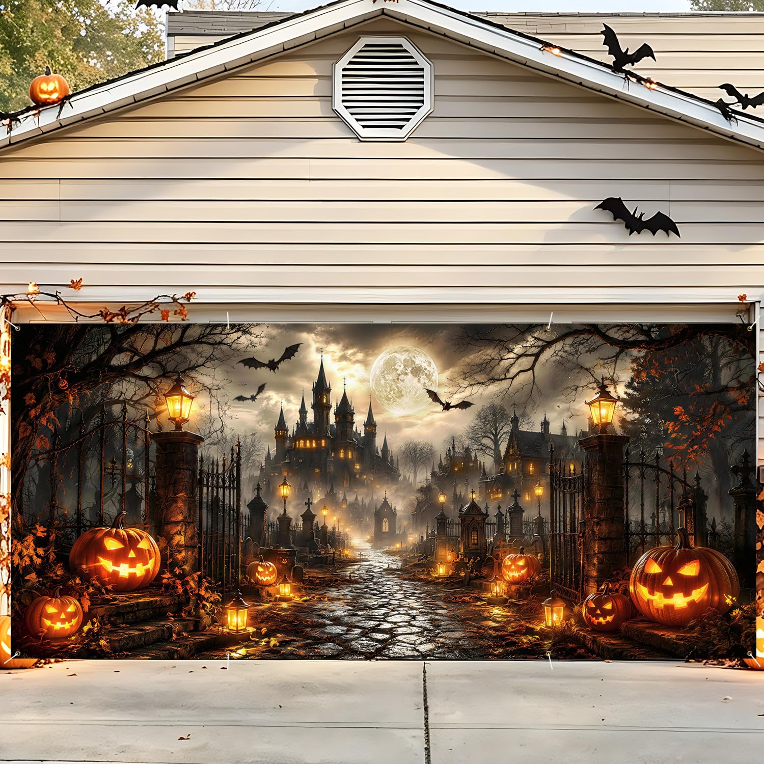 Halloween Garage Door Decorations 6 x 13 ft, Haunted Manor Cover