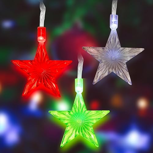 Guirnalda de luces de estrella de Navidad de 10 pies, juego de 3 (rojo, verde y transparente), 60 luces LED con 9 modos (parpadeante, constante,