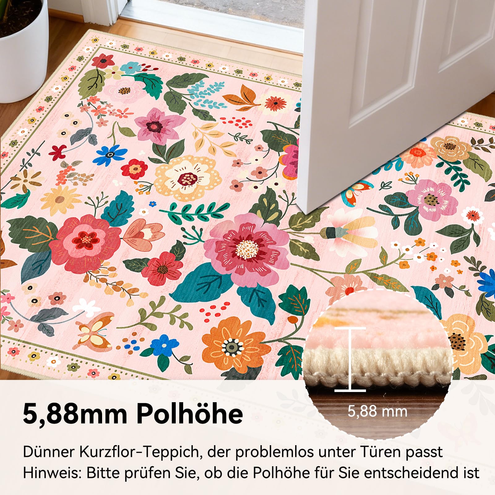 Teppich Wohnzimmer 120x180cm Rosa/Beige, Blumen Waschbare Teppiche | Boho Vintage Blumenmuster Wohnzimmerteppich, Waschbarer & Rutschfester Kurzflor Weich für Wohnzimmer, Schlafzimmer, Esszimmer