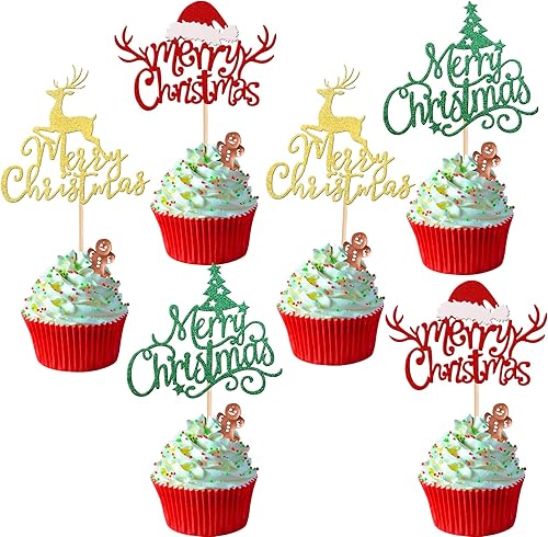 Vista 212 de Rsstarxi Paquete de 30 adornos navideños para cupcakes de hombre de jengibre con purpurina para baby shower, decoración para temática de Feliz