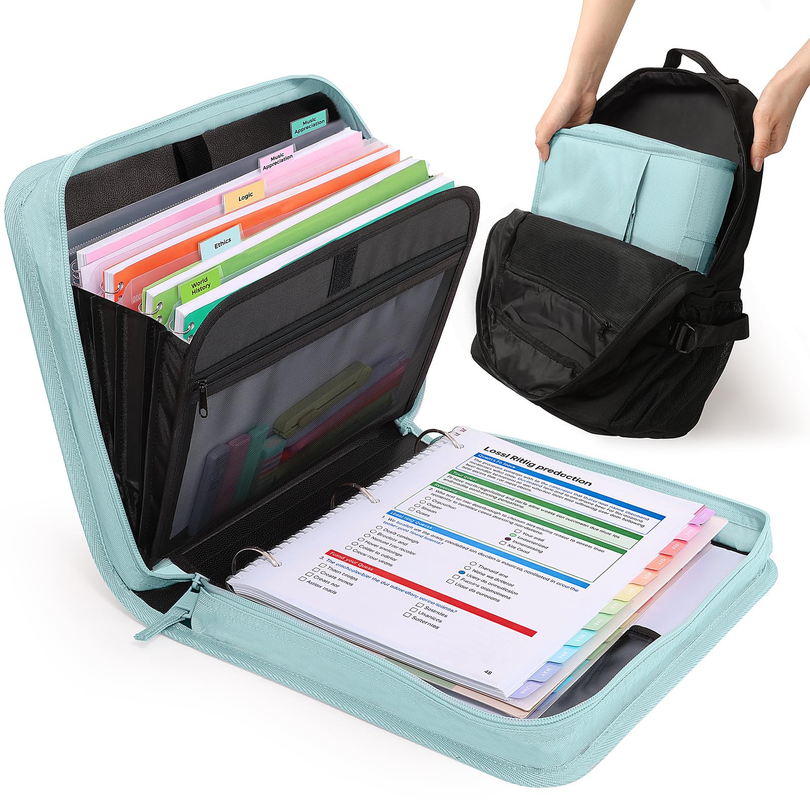 Photo 1 of SUNEE Zipper Binder with Handle, 1.5 Inch O-Ring, 325 Pages Capacity, with 5-Tab Expanding File Folder for Classified Storage, Small Size Lightweight Zipper Bag, Sky Blue