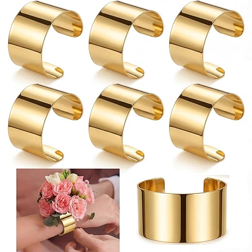 6 Pcs Gold Corsage Wrist Bracelet Bands for Women Cuff Bangle Bracelet Wrist Corsage DIY Wedding Wristband Wide Open Cuff Adjustable Wristband Accessory for Wedding Bridal Party Prom