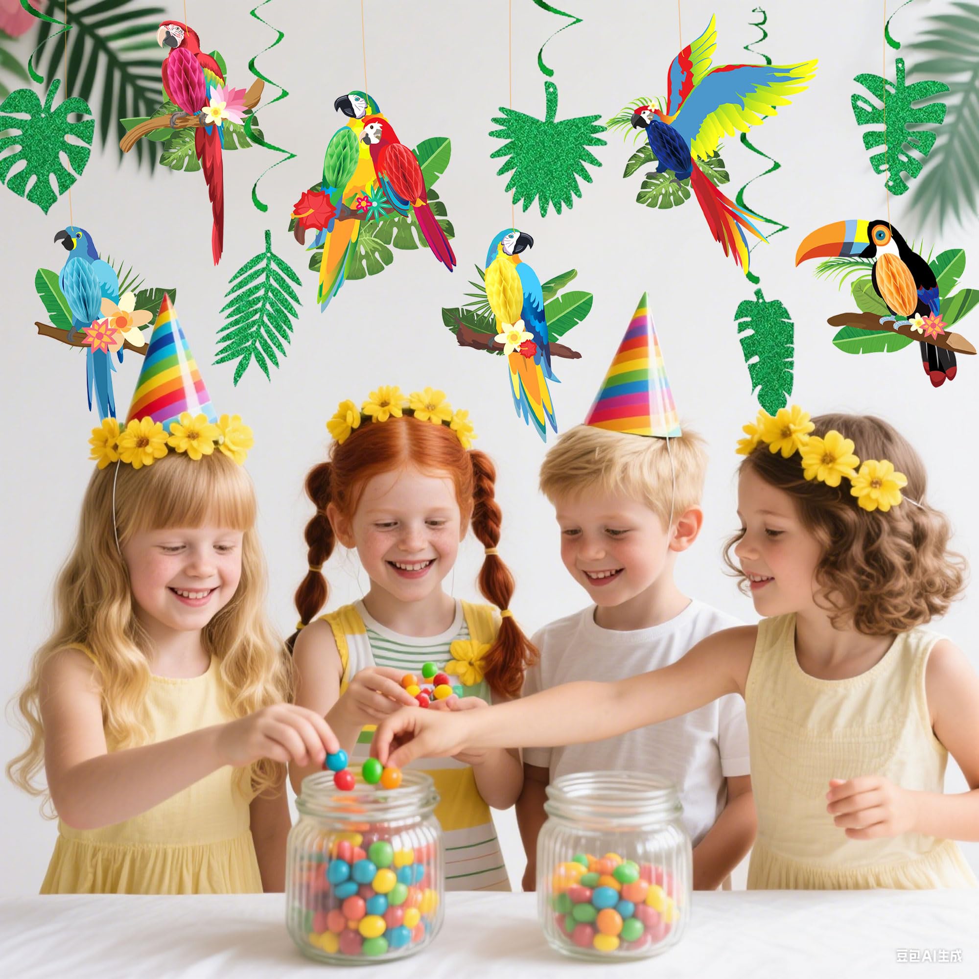 Tropical Birds Honeycomb Paper Cutouts Parrot Honeycomb Palm Leaves Banner Hawaiian Beach Luau Party Hanging Decorations Tiki Bar Supplies - Image 4