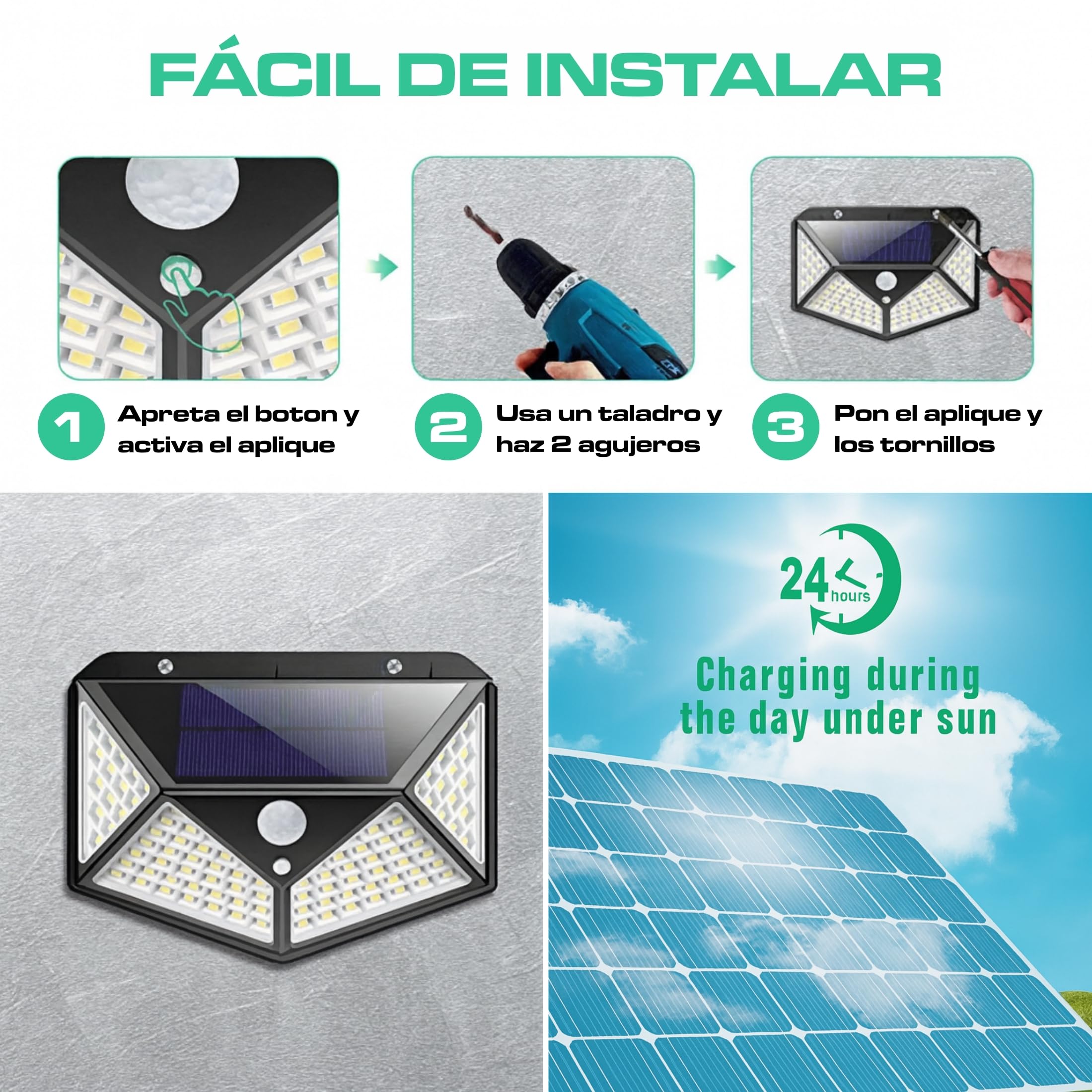 Focos LED Solares Exterior con Sensor de Movimiento, Luz Solar Potente para Jardín, Terraza o Fachada (Pack 6)