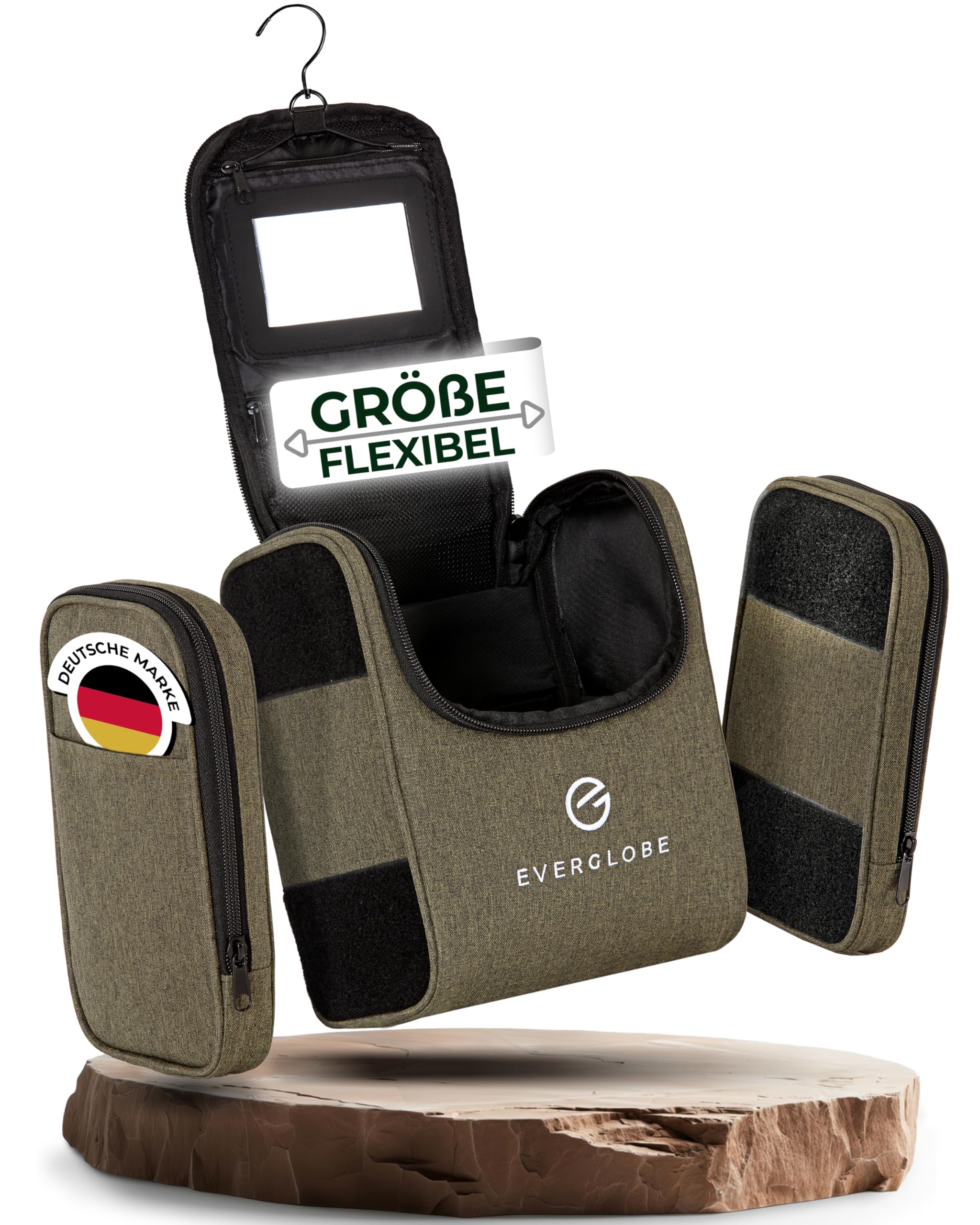 5in1 Kulturbeutel zum Aufhängen 7L [ANPASSBAR] Khaki mit Spiegel | Kosmetiktasche mit Griff, Kulturtasche Damen Gross, Kulturbeutel Herren groß, Schminktasche, Waschtasche, Toiletry Bag, Beauty Case