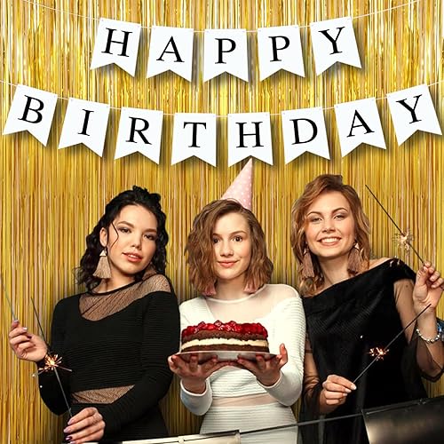 Miniatura 4 de Decoraciones de fiesta de cumpleaños 3 paquetes de cortinas de flecos de lámina dorada de 3.3 x 9.9 pies, suministros de fiesta, telón de fondo de