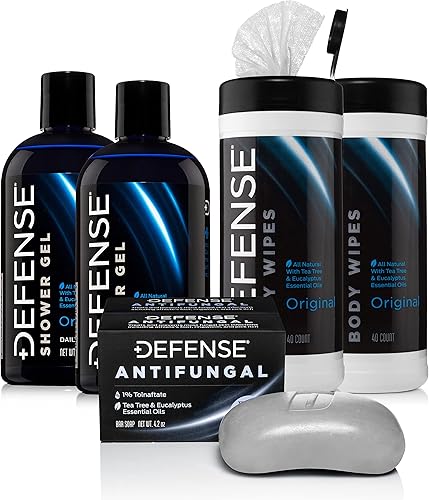 Defense Soap Jabón en barra medicado antimicótico, paquete de 2, toallitas corporales de árbol de té (40 unidades) paquete de 2 y gel de baño de 12