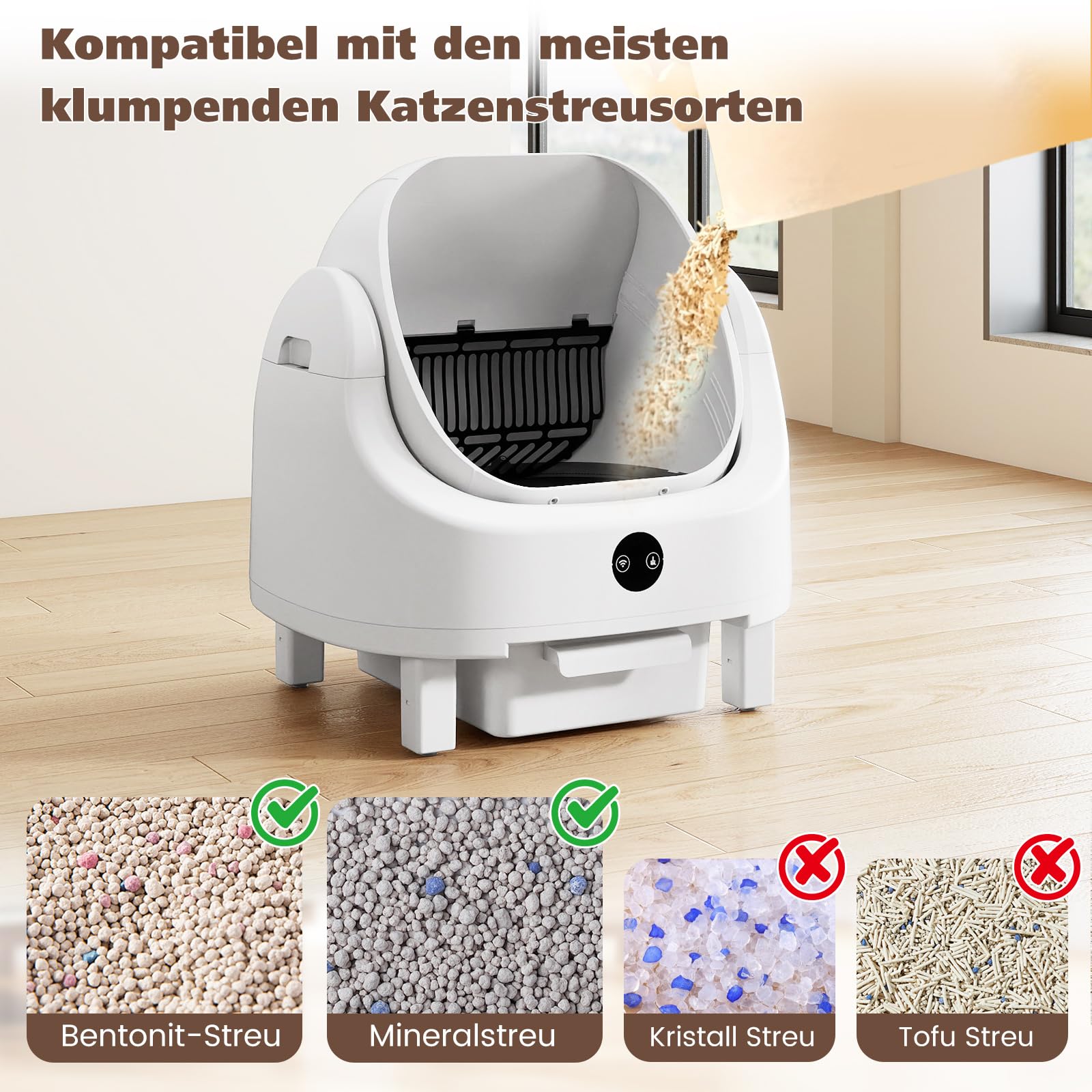 COSTWAY Selbstreinigende Katzentoilette, offen, Katzenklo selbstreinigend mit App-Steuerung, Geruchskontrolle & Sensorsicherheit, inkl. Müllbeutel, Aromatherapie-Box, automatisch für Mehrere Katzen